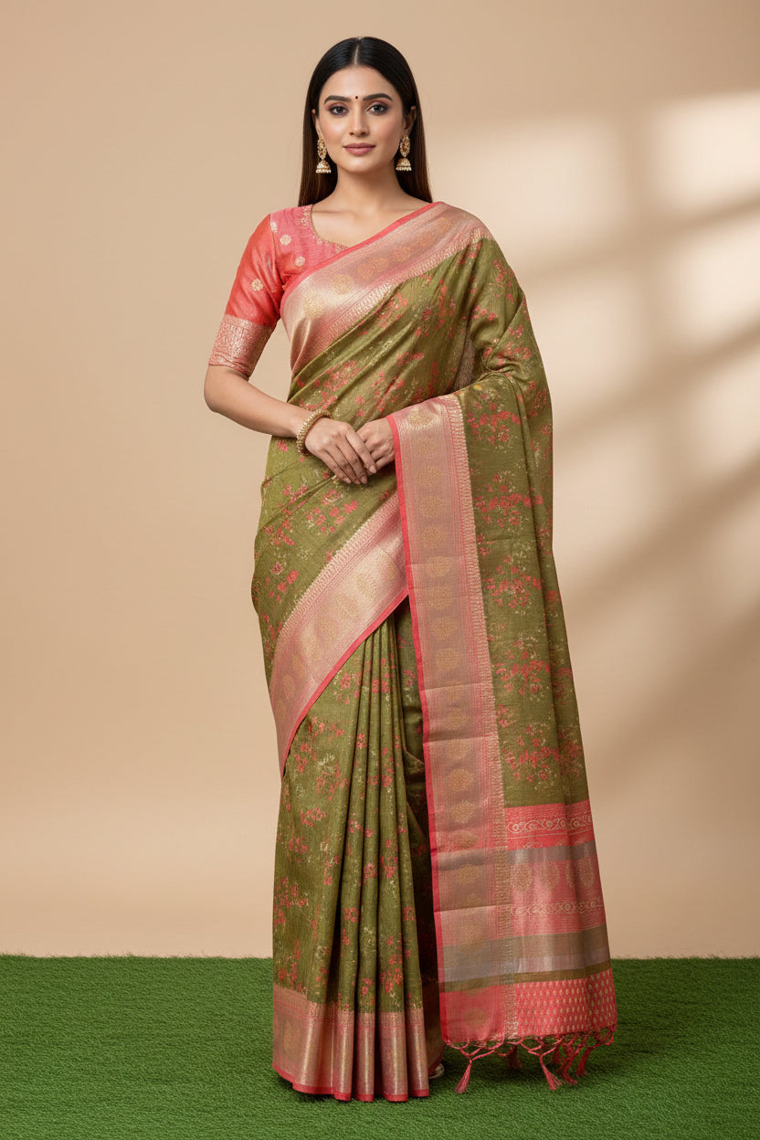 Olive Green Mercerized Cotton Saree with Allover Digital Print | Chandrika Lifestyles