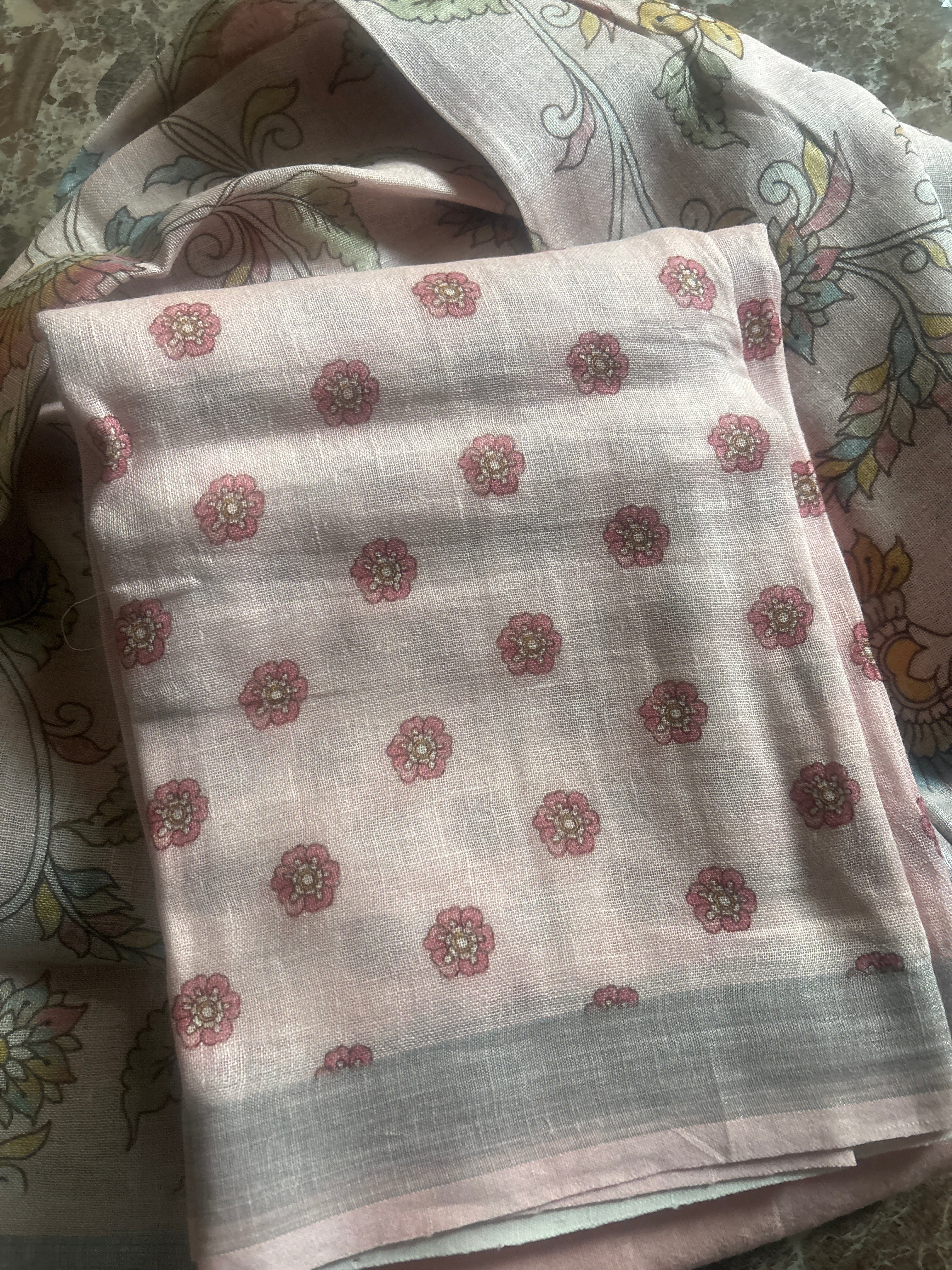 Chandrika Lifestyles | Peach & Pink Linen Suit – Floral Print