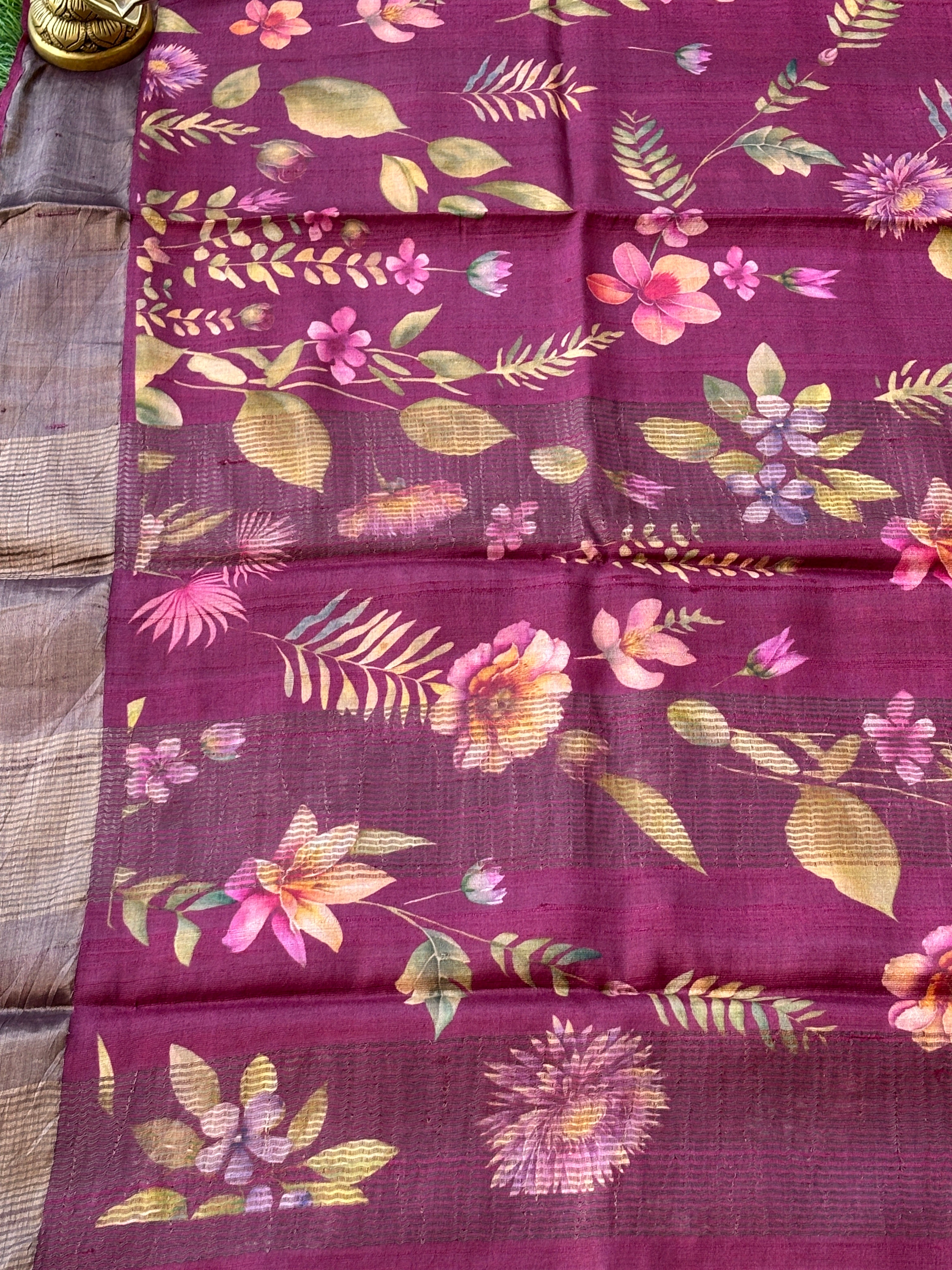 Magenta Pure Tussar Silk Saree with Allover Digital Print | Chandrika Lifestyles