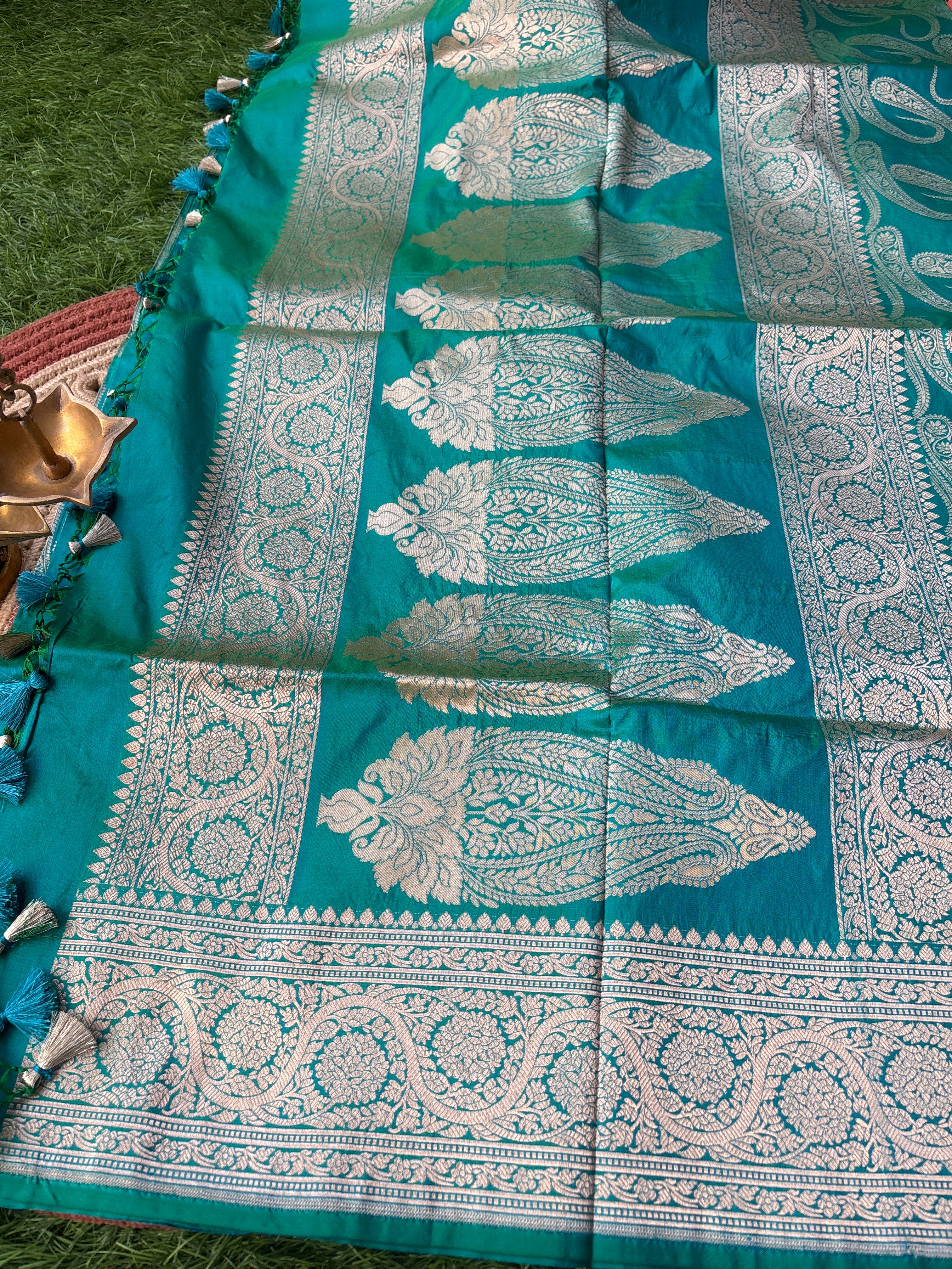Sea Green Katan Silk Banarasi Saree with Mango Motifs & Silver Zari Broad Border | Chandrika Lifestyles
