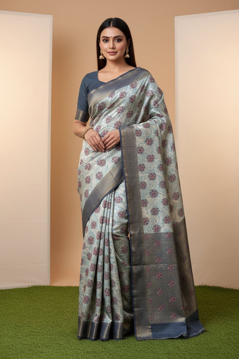 Off-White Munga Silk Saree with Allover Digital Print & Navy Blue Border | Chandrika Lifestyles