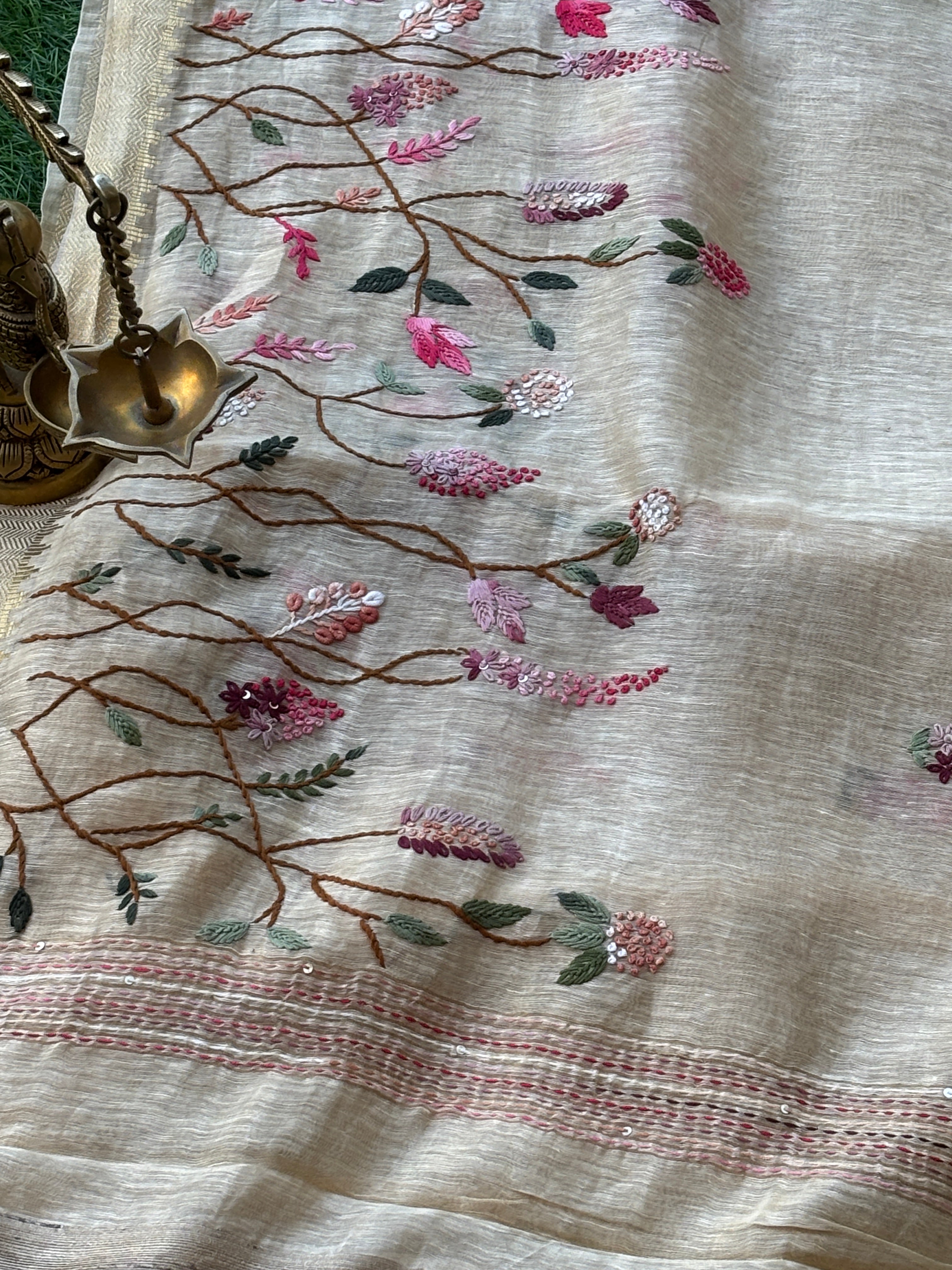 Off-White Pure Linen Saree with Allover Floral Embroidery | Chandrika Lifestyles