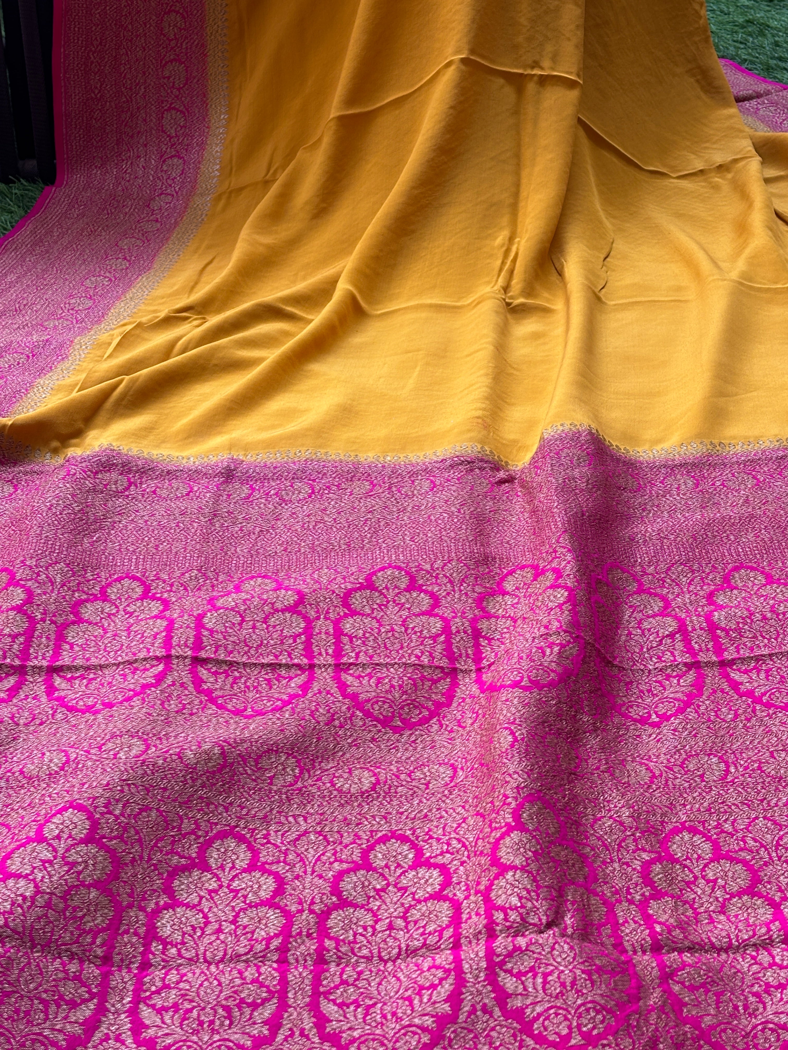 Mango Yellow Pure Banarasi Khaddi Crepe Silk Saree with Pink Border & Pallu | Chandrika Lifestyles