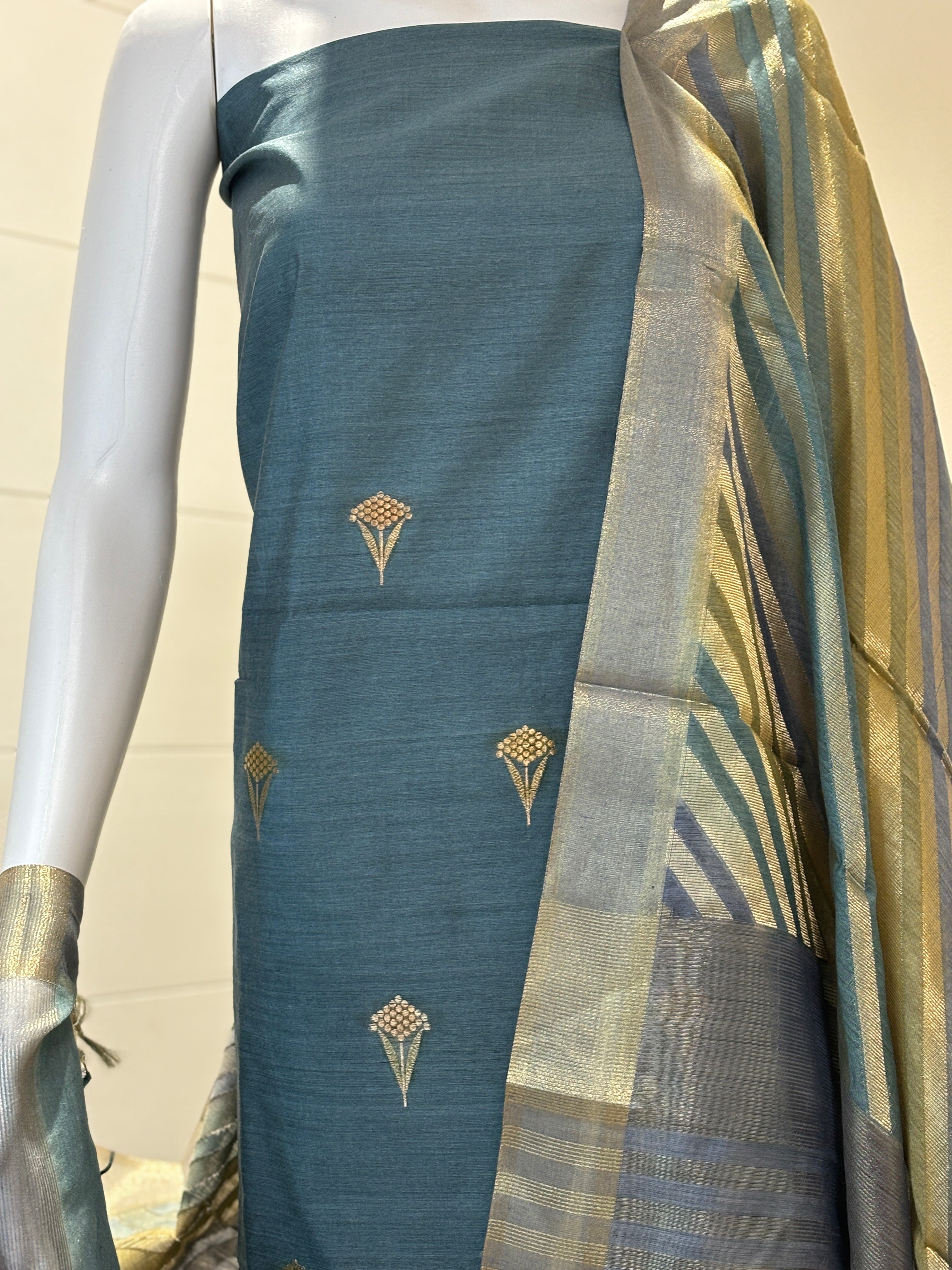 Grey pure tusser banarasi silk suit material with pure tusser banarasi laheria weaved dupatta