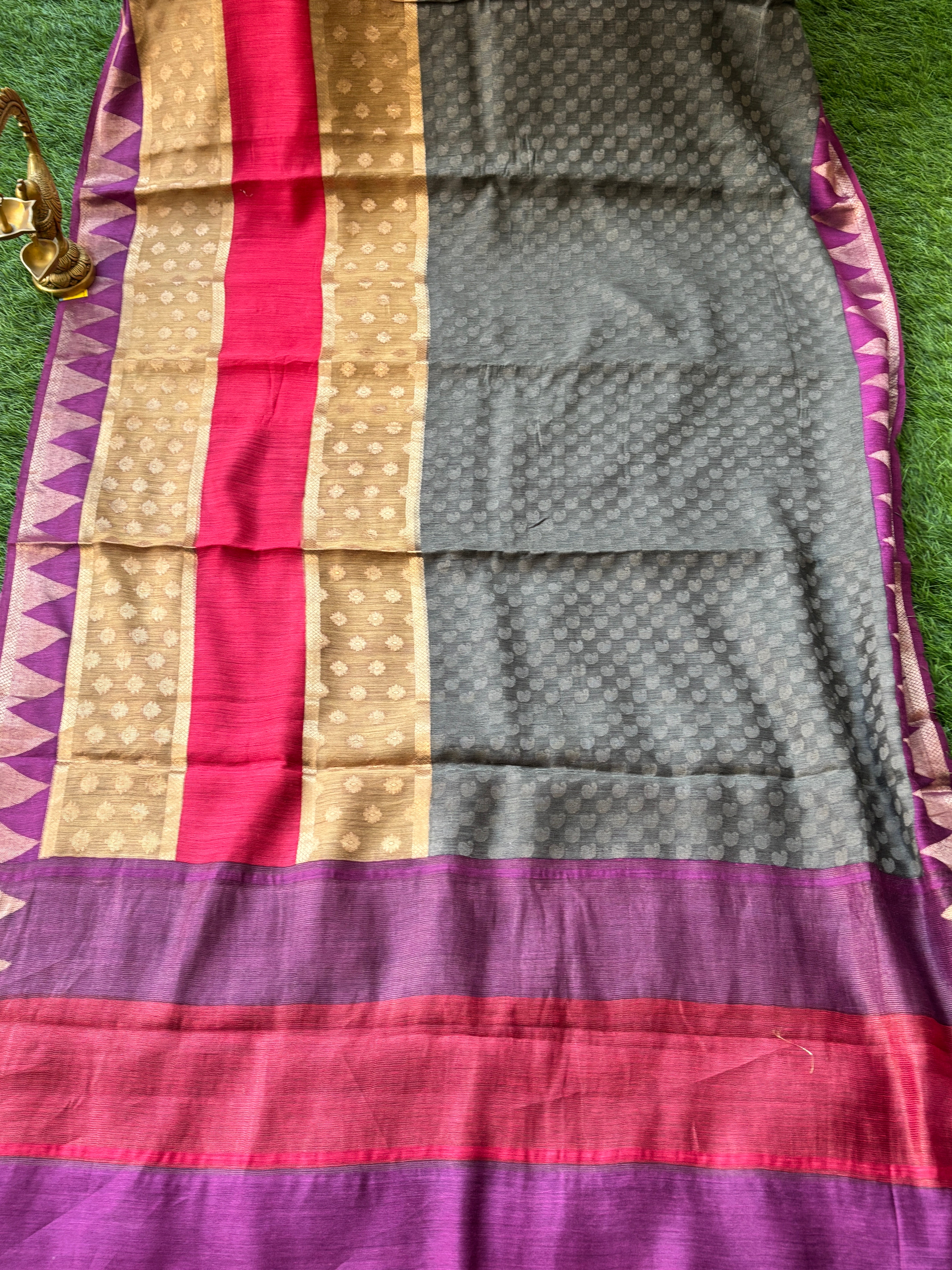Pure Munga Silk Saree in Grey, Red & Purple with All-Over Weaving and Zari Woven Pallu