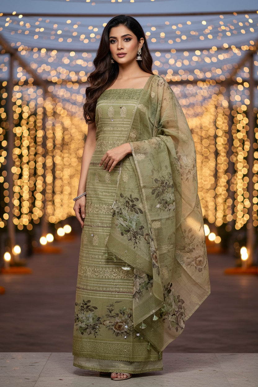 Festive pastel Mehendi Green Organza Suit Material with Digital Print, Thread Embroidery & Crochet Lace Border