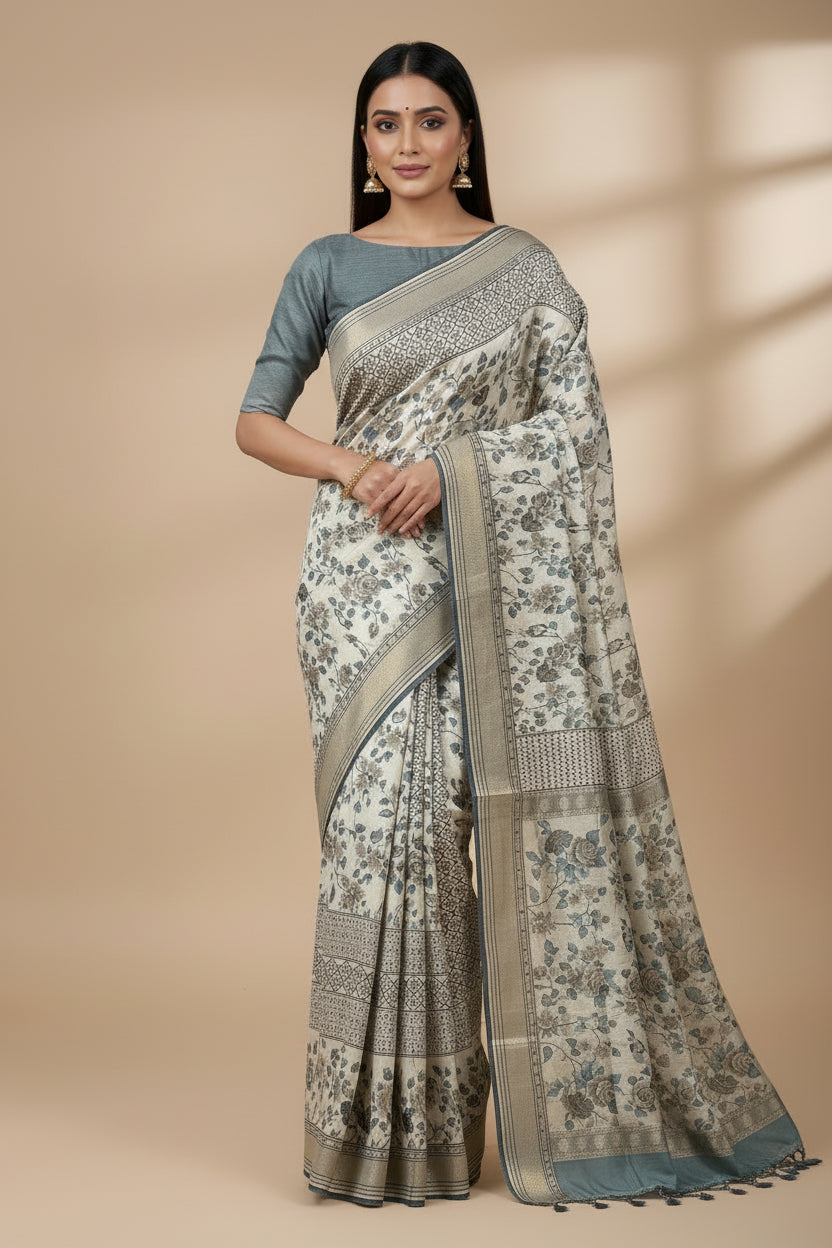 Off White Pure Organza Saree with All-Over Digital Print & Black Thread Work