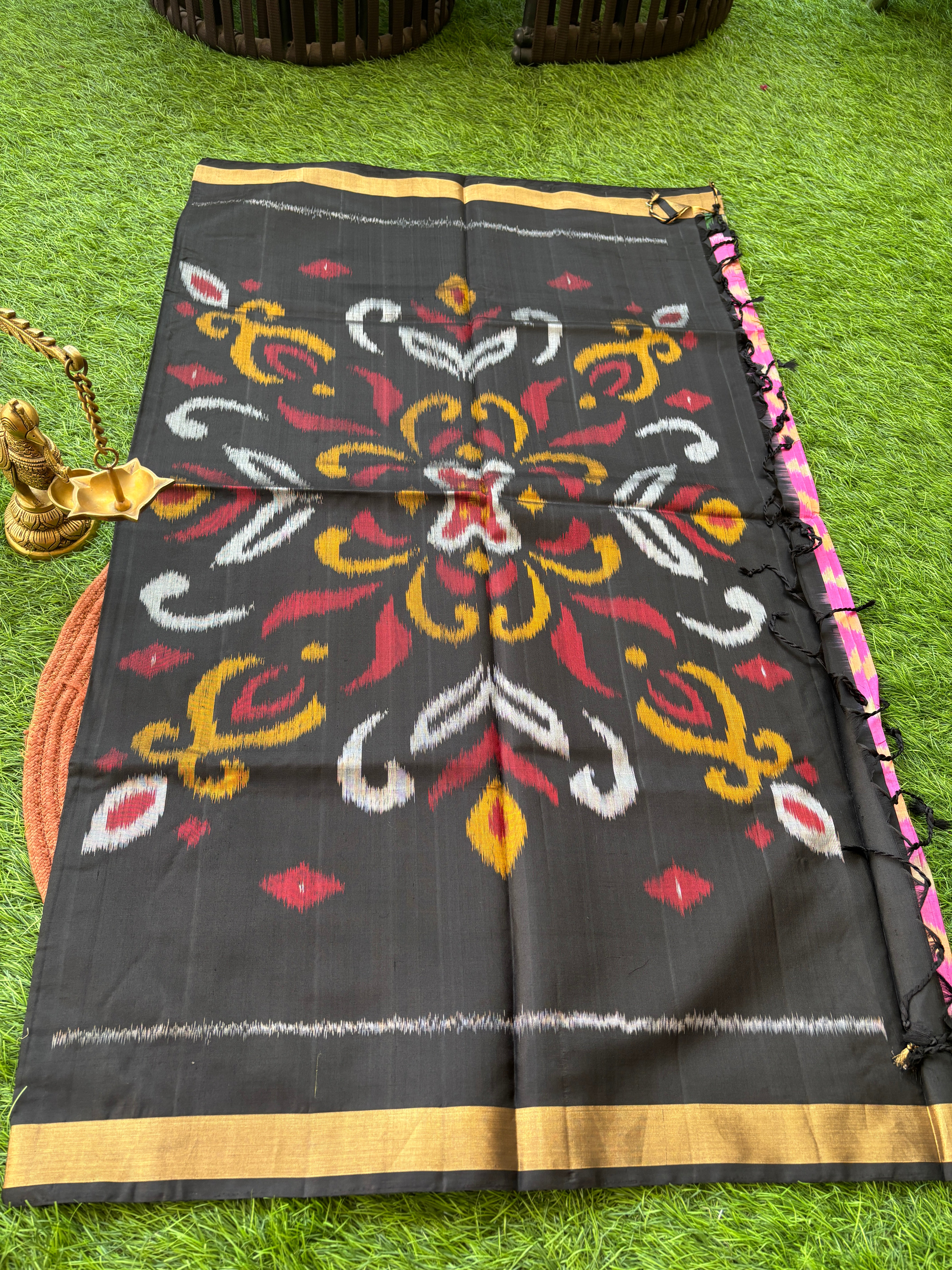 Pure Silk Jamuni (Purple-Pink) Ikat Saree with Black Border and Black Ikat Pallu