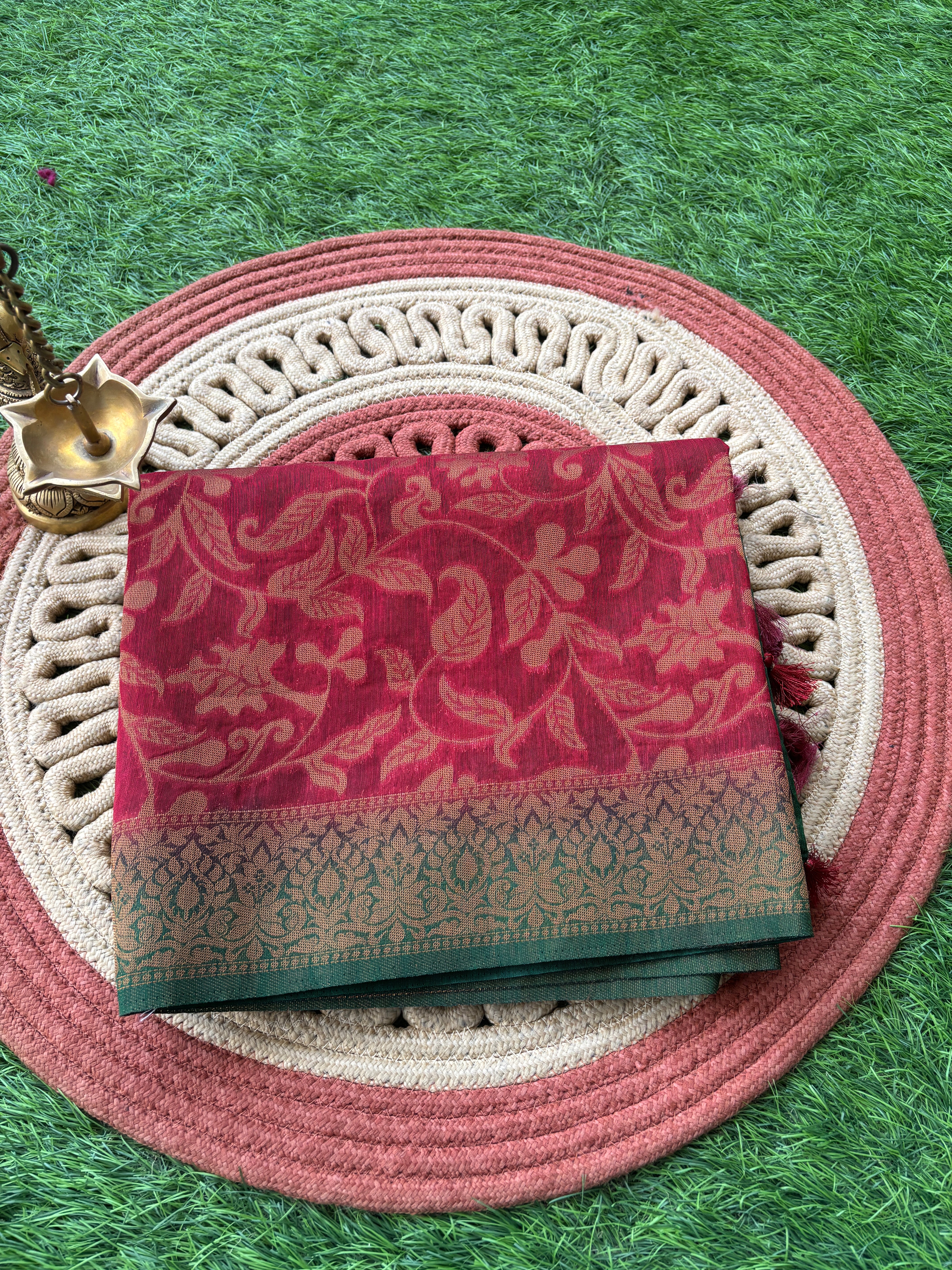 Red Banarasi Cotton Saree with Allover Weaving & Green Border | Chandrika Lifestyles