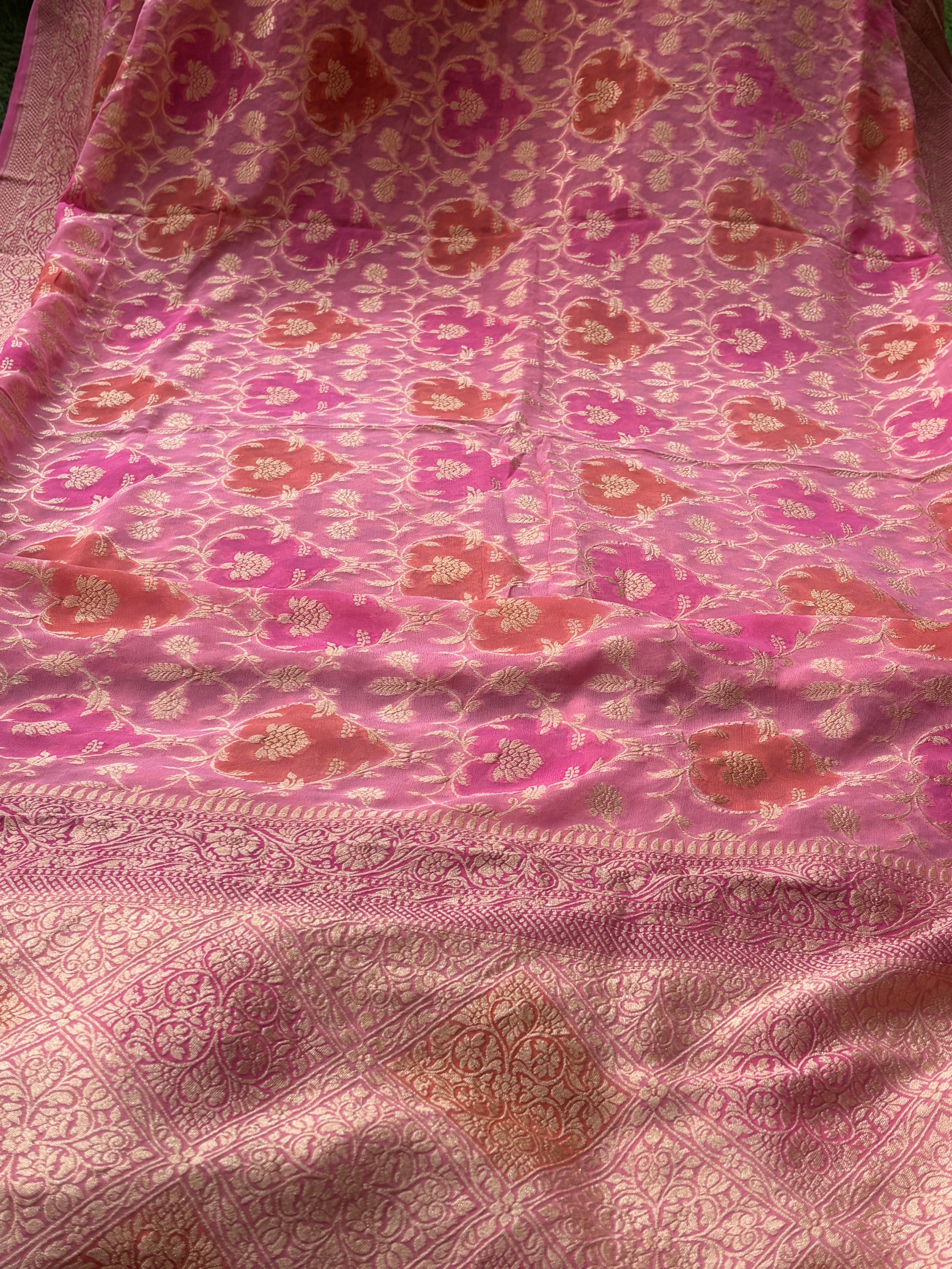 Pink, Orange & Peach Multicolour Khaddi Georgette Banarasi Saree with Allover Jaal | Chandrika Lifestyles