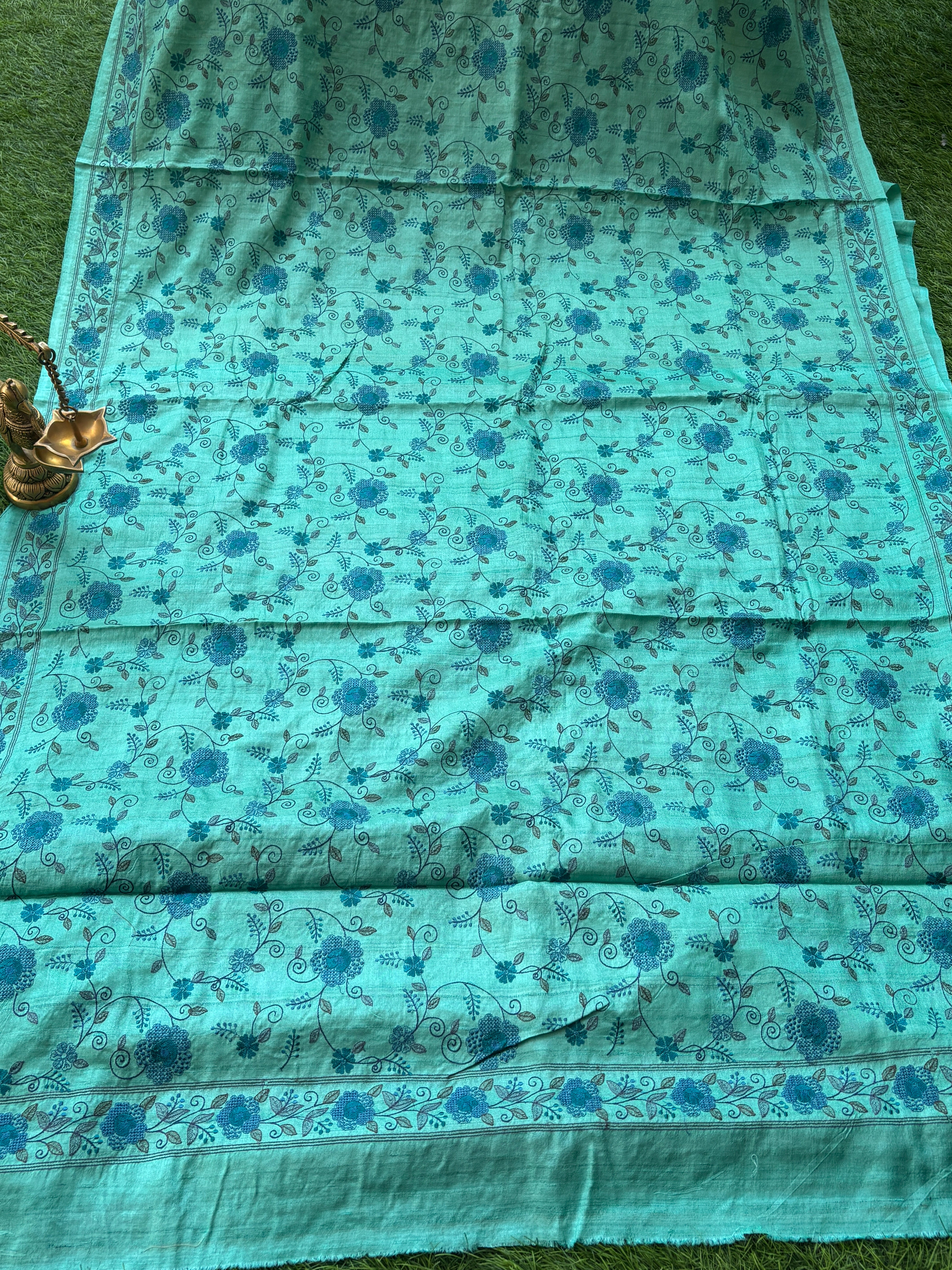 Pure Desi Tussar Silk Sea Blue Saree with All-Over Blue floral Thread Jaal Embroidery