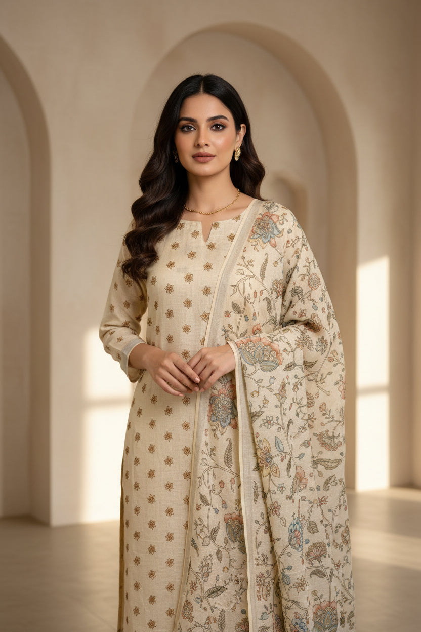 Chandrika Lifestyles | Peach & Pink Linen Suit – Floral Print