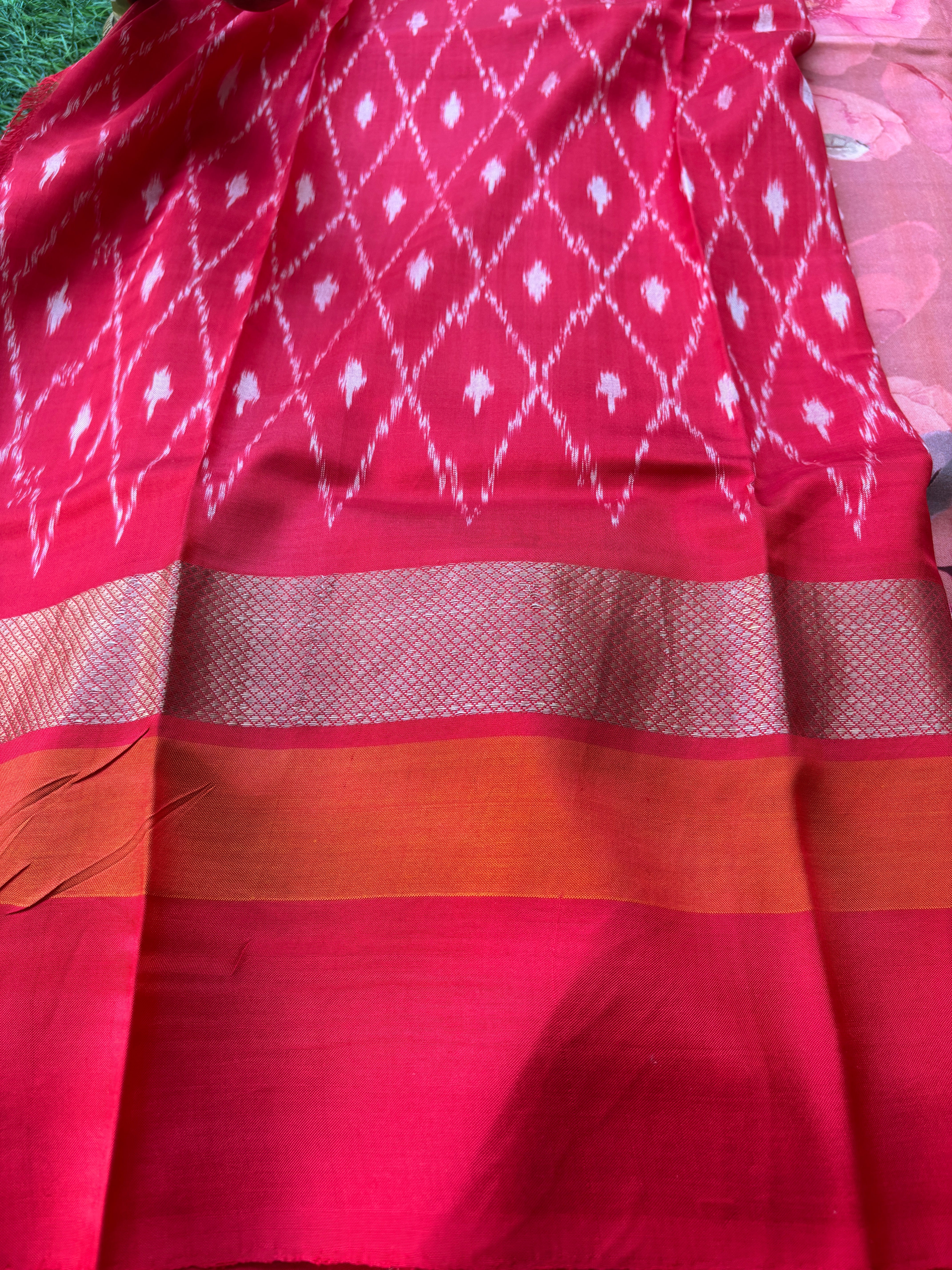 Matching Blouse Piece of Peach Pink Pure Silk Saree with Red Ikat Border