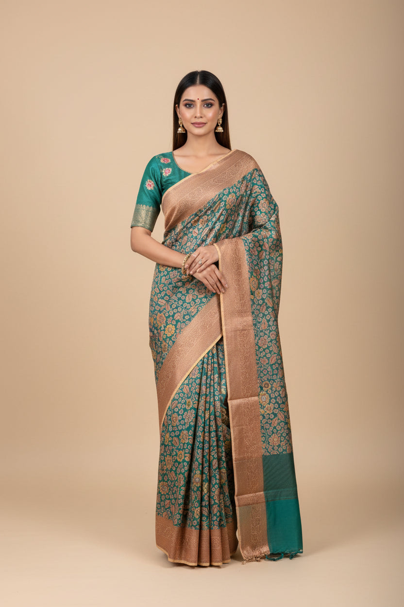 Sea Green Mercerized Cotton Saree with Allover Digital Print Butta | Chandrika Lifestyles