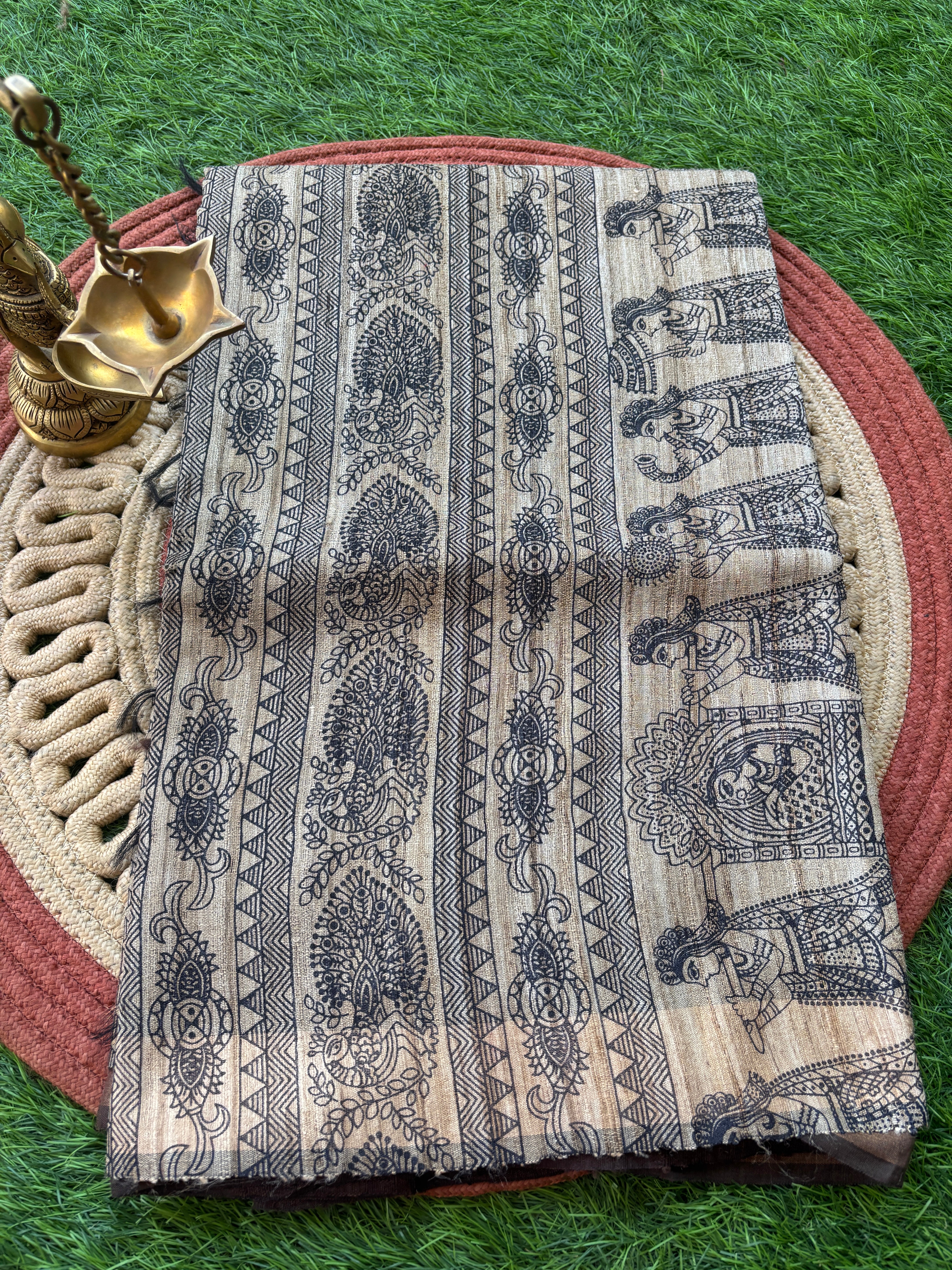 Dark Coffee Brown Pure Tussar Silk Saree with Zari Border and Traditional Madhubani Print Pallu