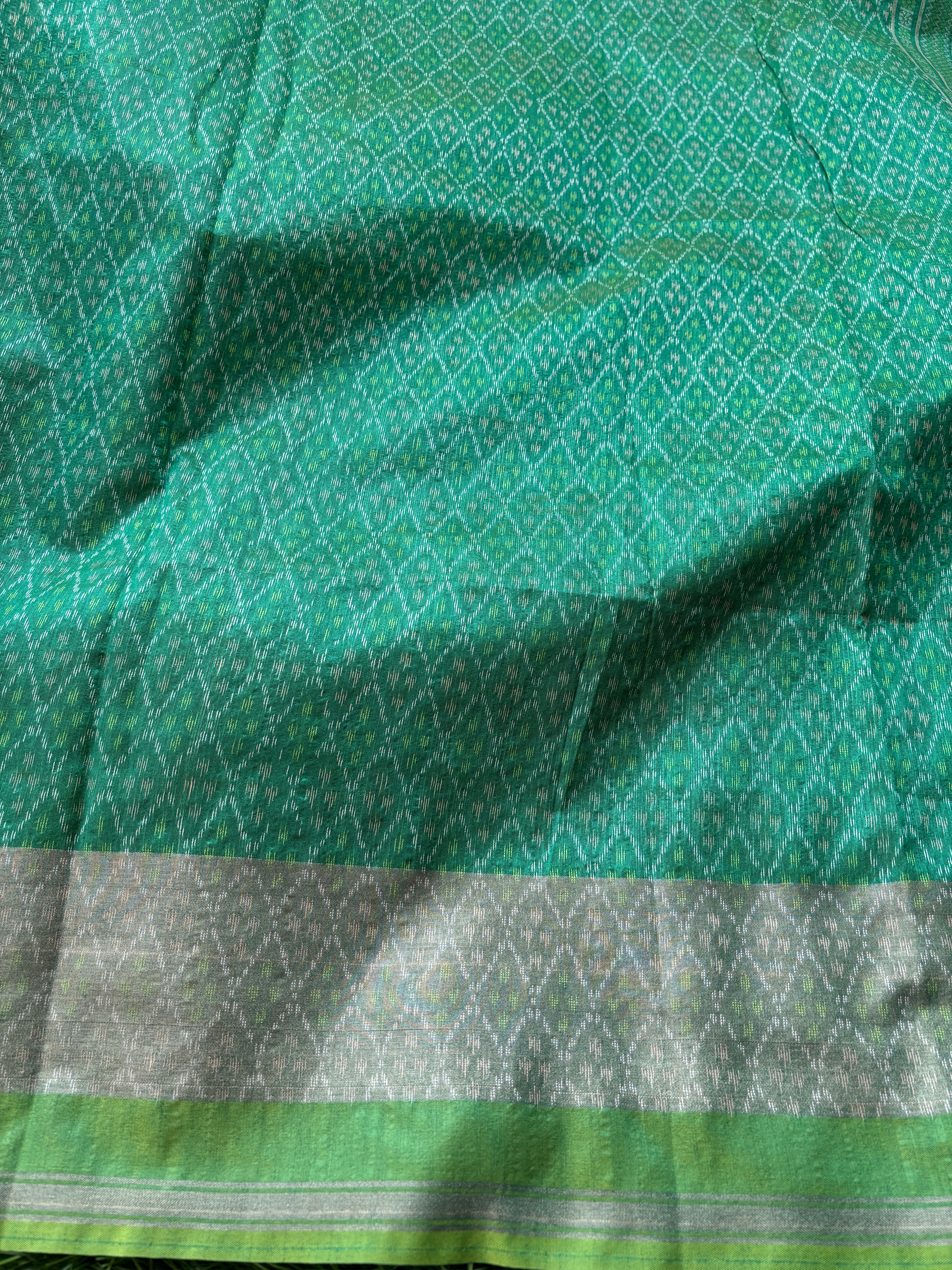 Green Art Tussar Silk Saree with Allover Ikat Print | Chandrika Lifestyles