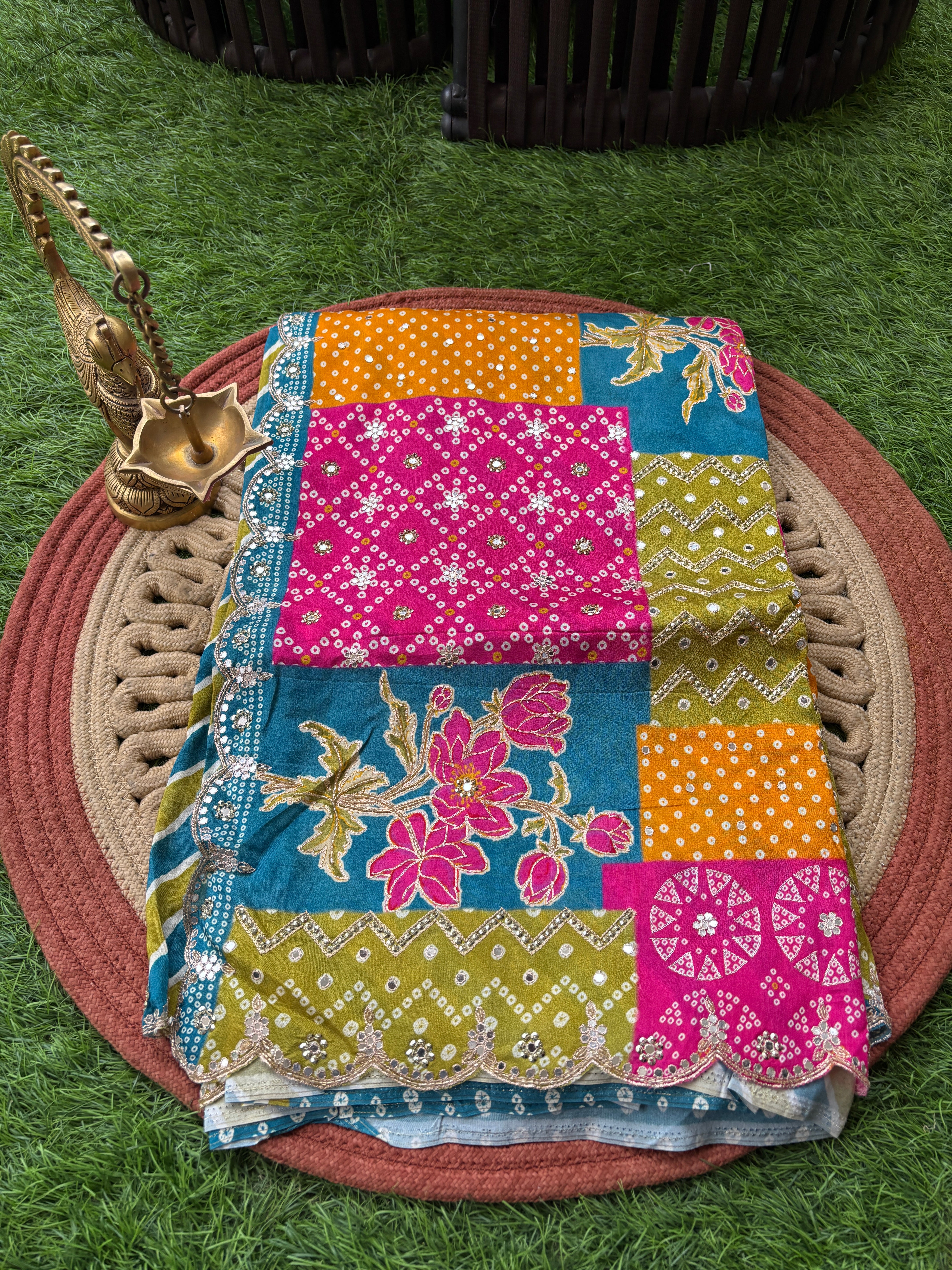 Multicolor Pure Crape Silk Leheriya Saree with Mirror Work | Chandrika Lifestyles