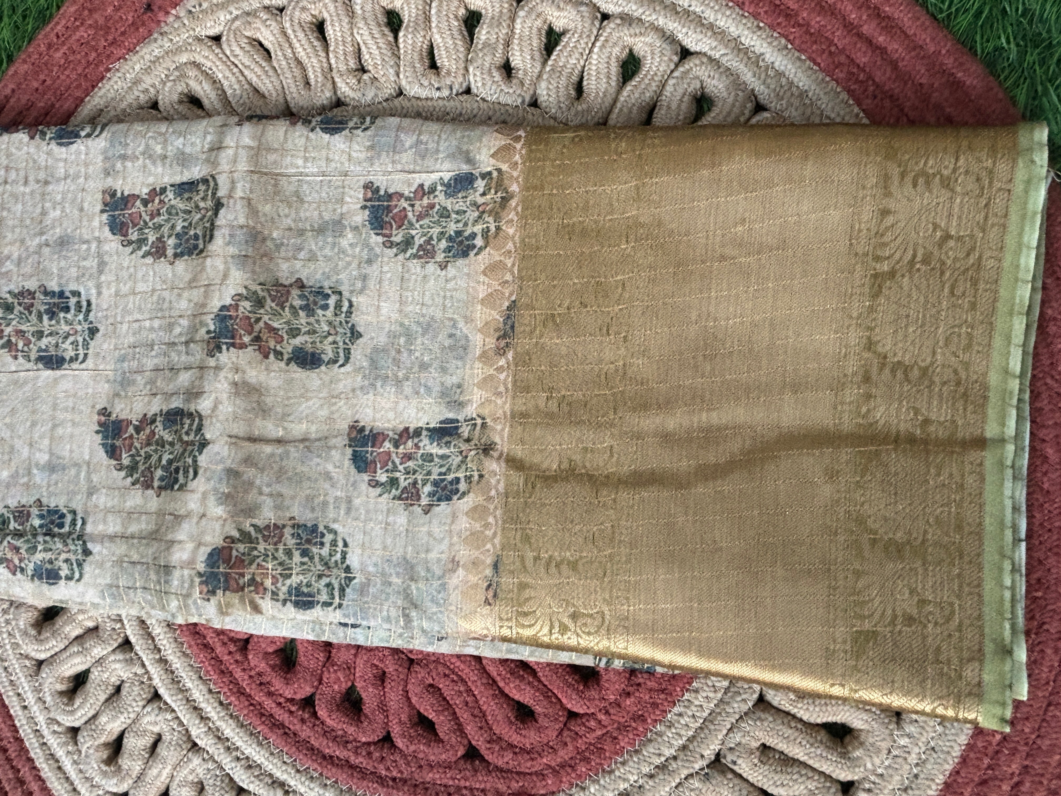 Beige Pure Organza Saree with All-Over Zari Checks