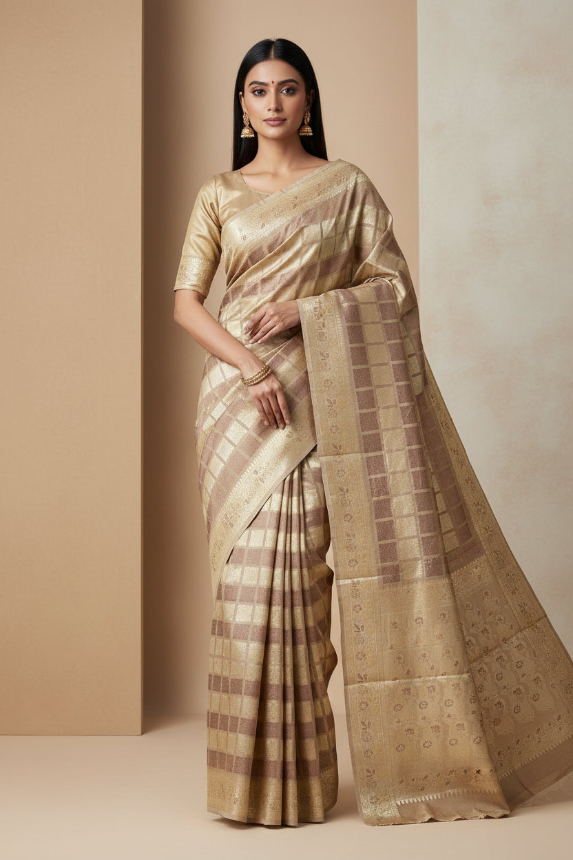Model wearing beige and brown Banarasi silk saree styled for festive occasion