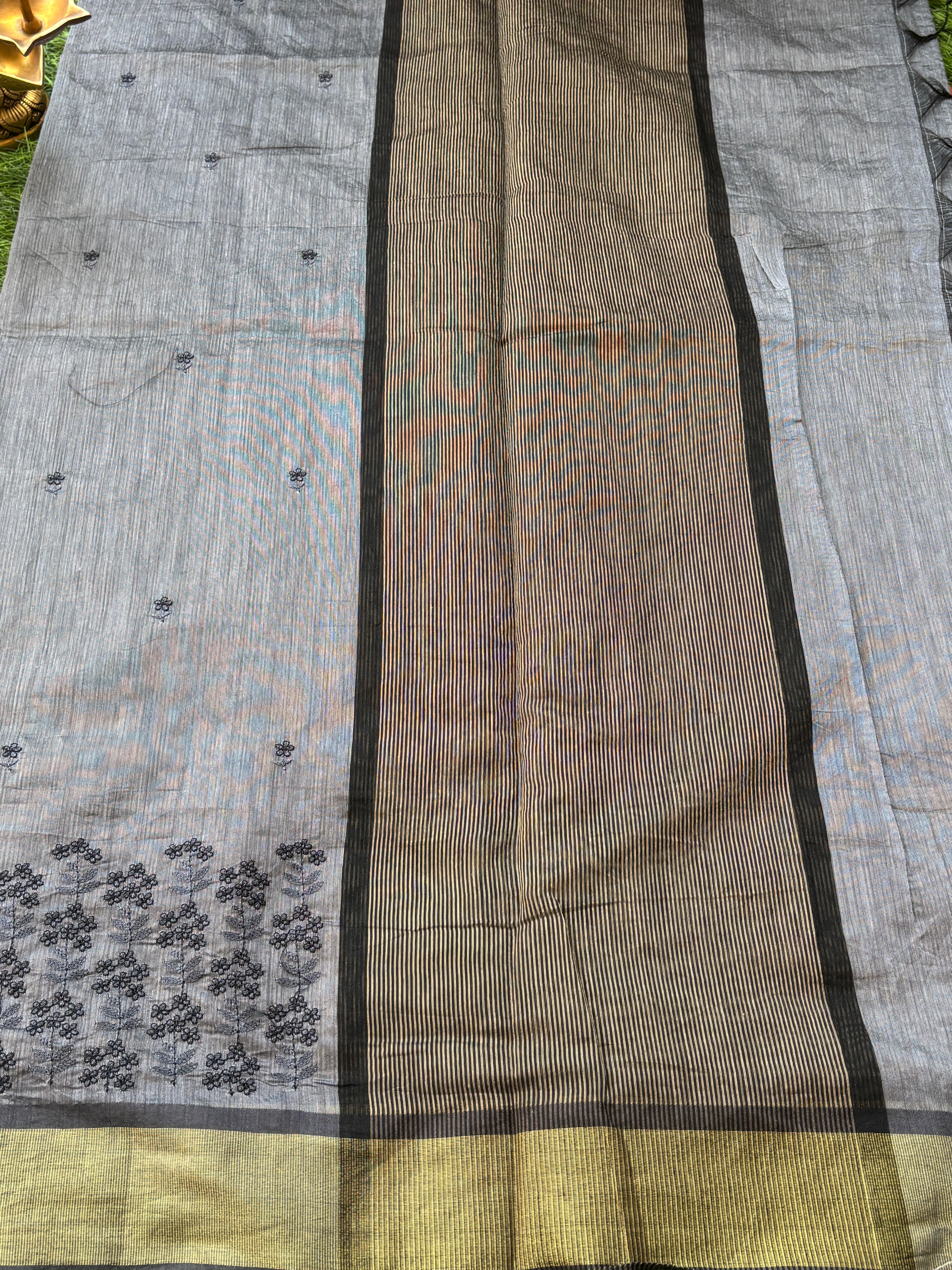 Grey Banarasi Mercerised Cotton Saree with Embroidered Border