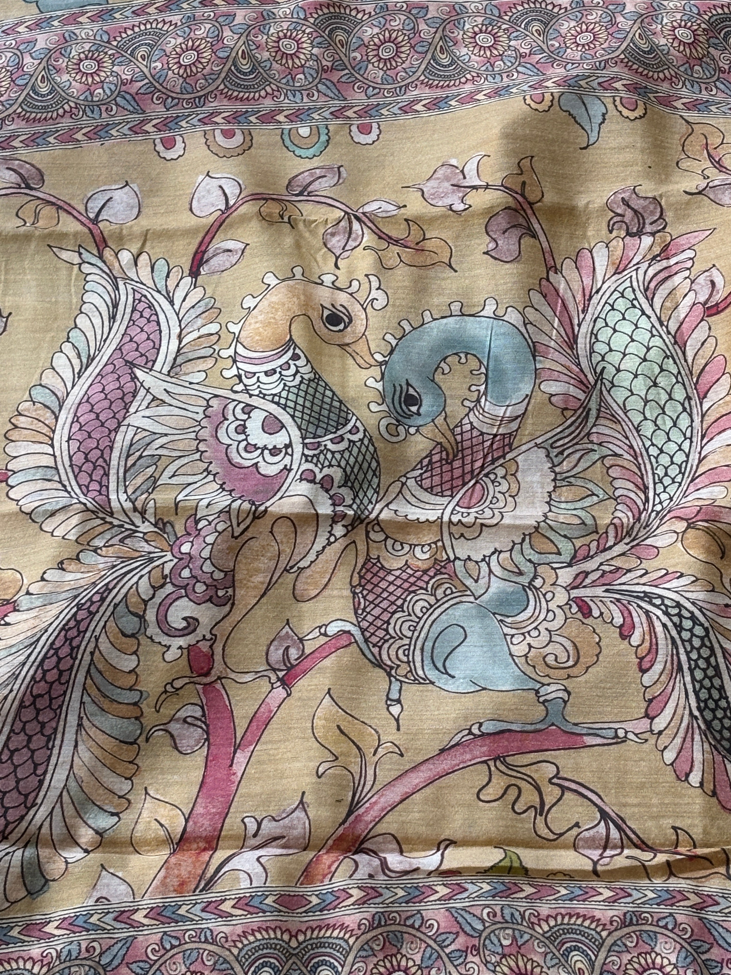 Beige Pure Munga Silk Saree with Digital Kalamkari Print & Zari Woven Pallu