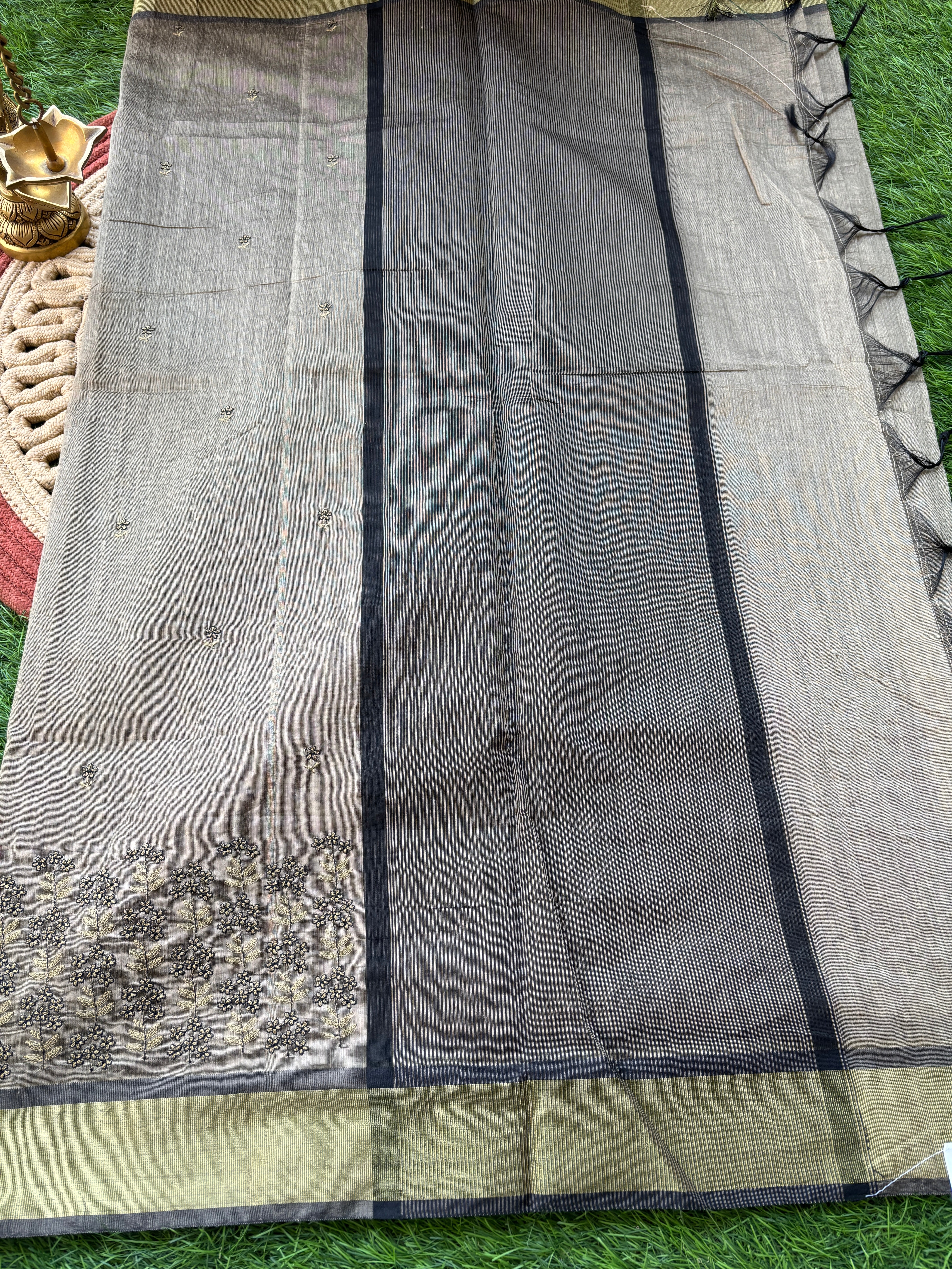 Grey Mercerized Cotton Saree with Allover Floral Thread Embroidery | Chandrika Lifestyles