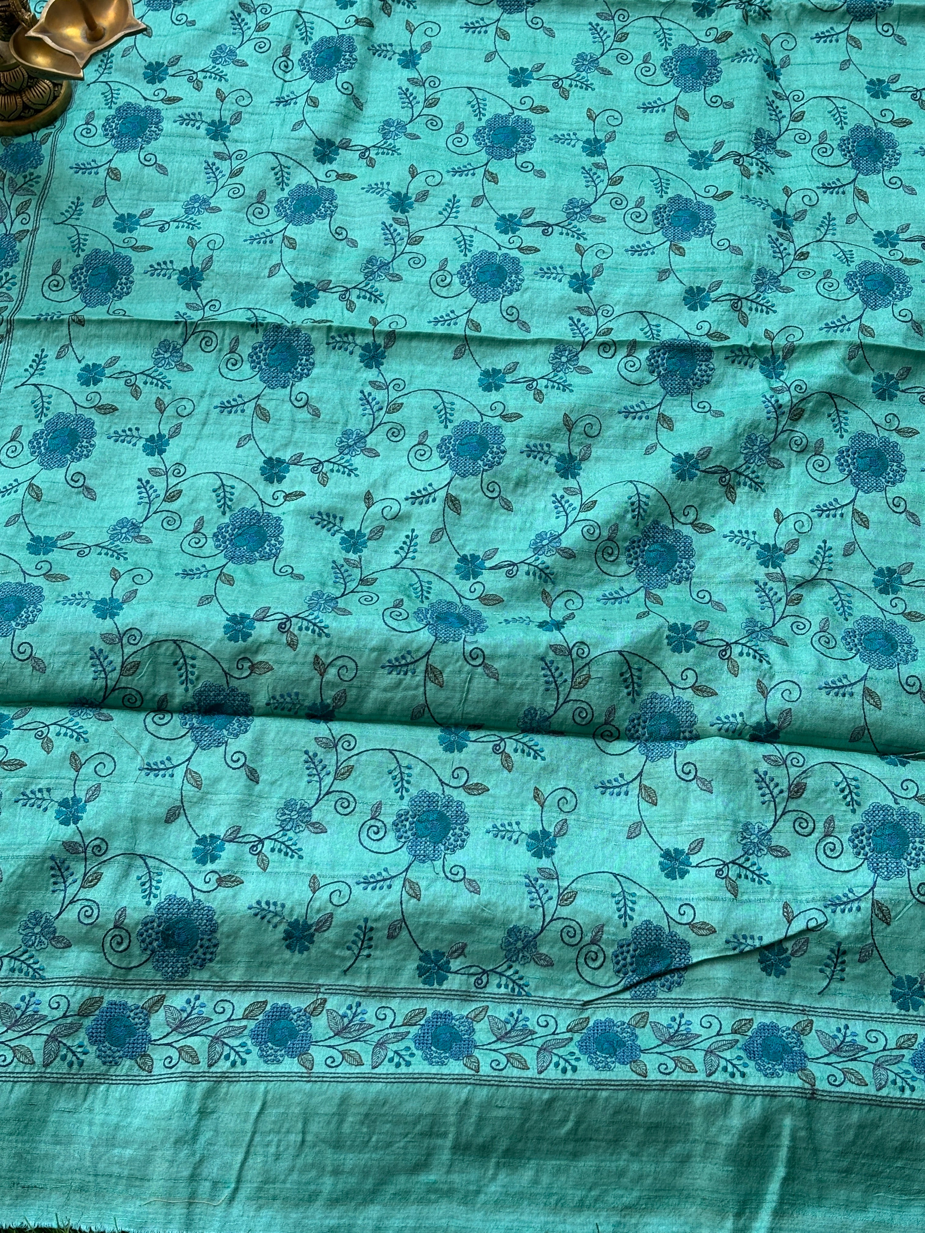 Pure Desi Tussar Silk Sea Blue Saree with All-Over Blue floral Thread Jaal Embroidery