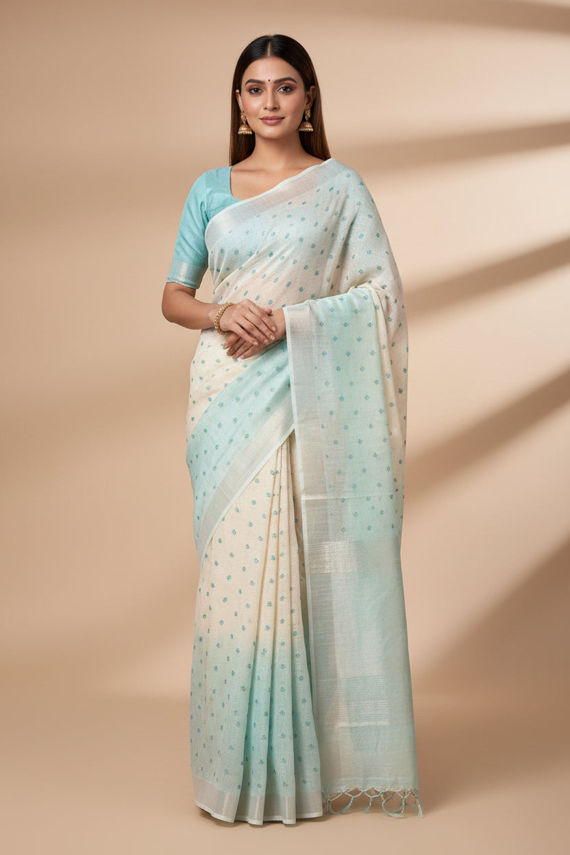 White & Blue Pure Linen Saree with Allover Embroidered Butti | Chandrika Lifestyles