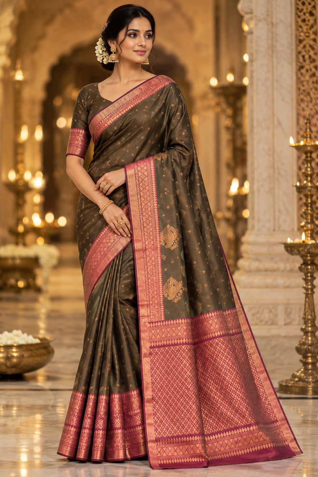 art silk kanchipuram 
dark brown and maroon combination