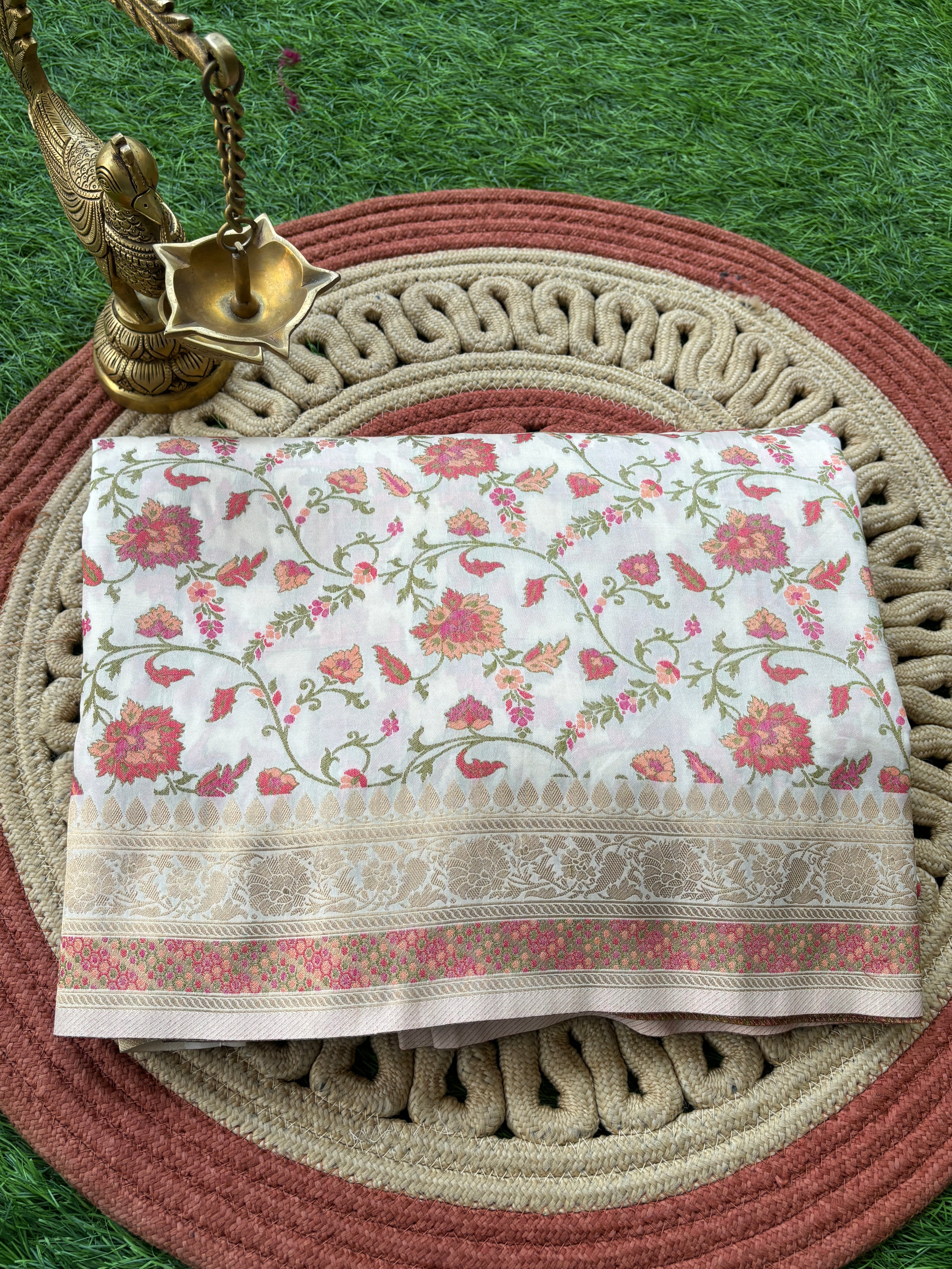Off-White Banarasi Art Silk Saree with Allover Jaal Weaving | Chandrika Lifestyles