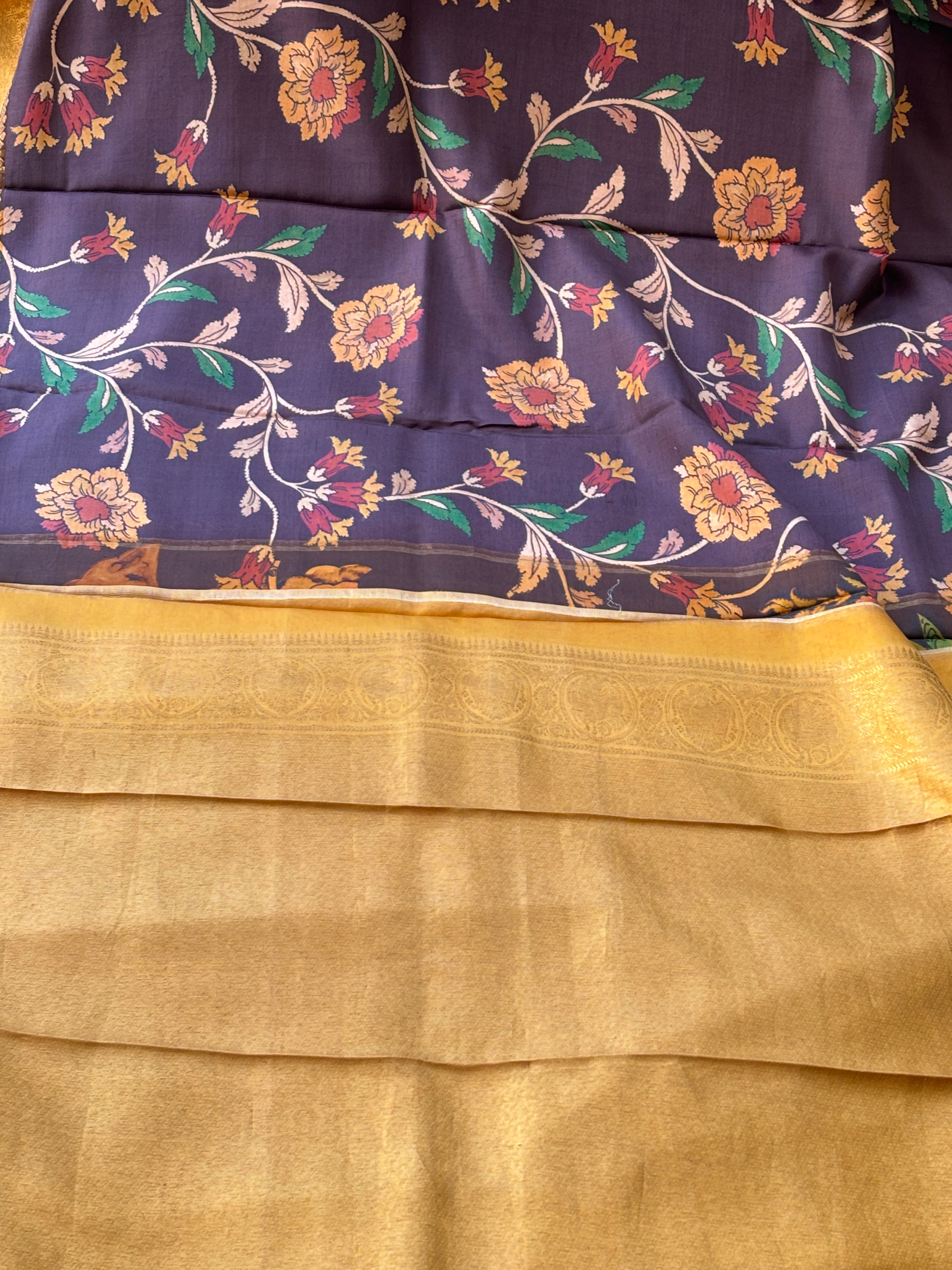 Dark Brown & Yellow Pure Silk Saree with Digital Print & Kanchipuram Border and Pallu | Chandrika Lifestyles
