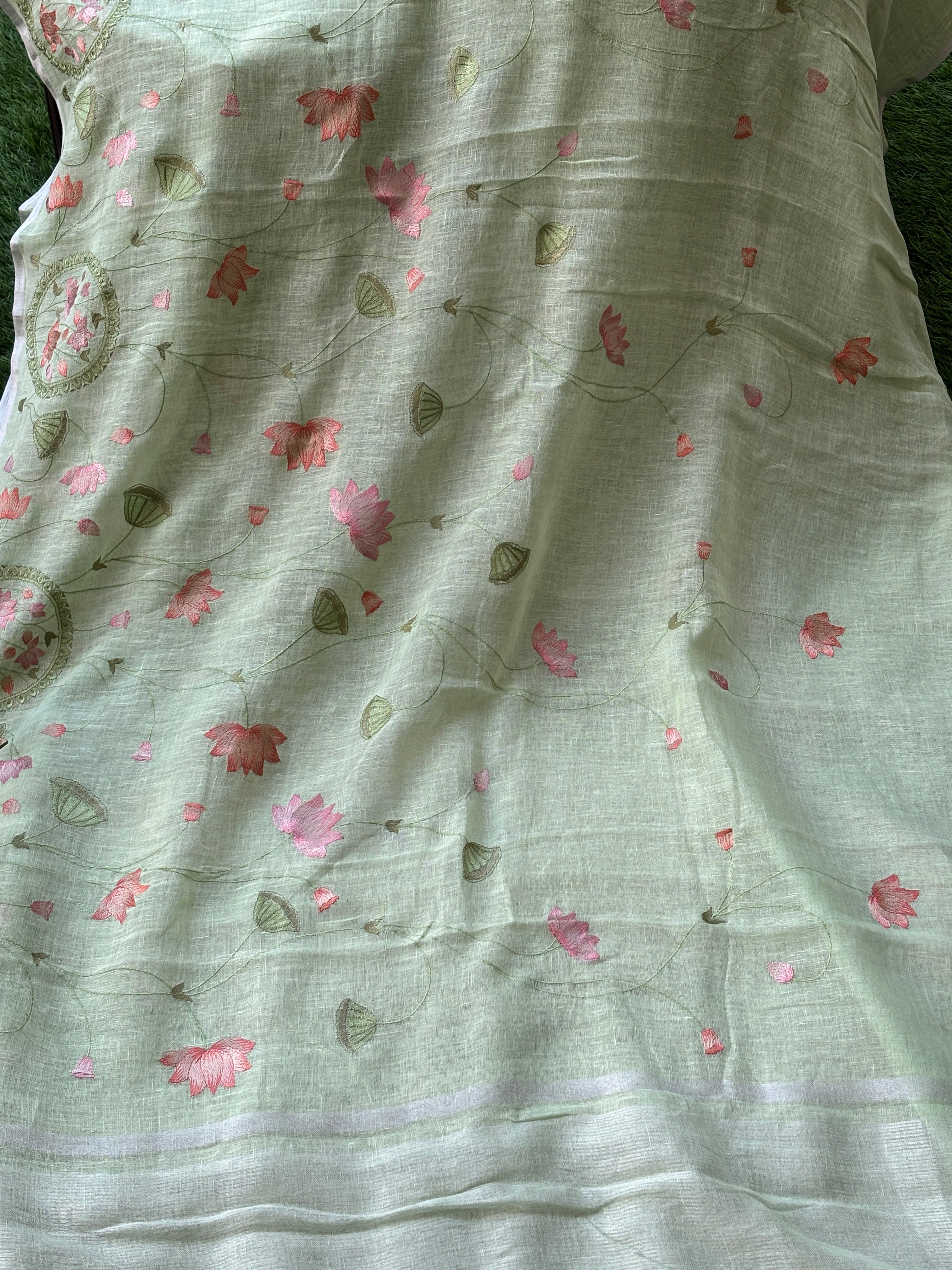 Pista Green Pure Linen Saree with Embroidery and Pink Contrast Blouse