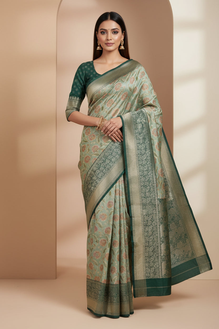 Model wearing pastel pista green Banarasi khaddi georgette saree styled for daytime wedding
