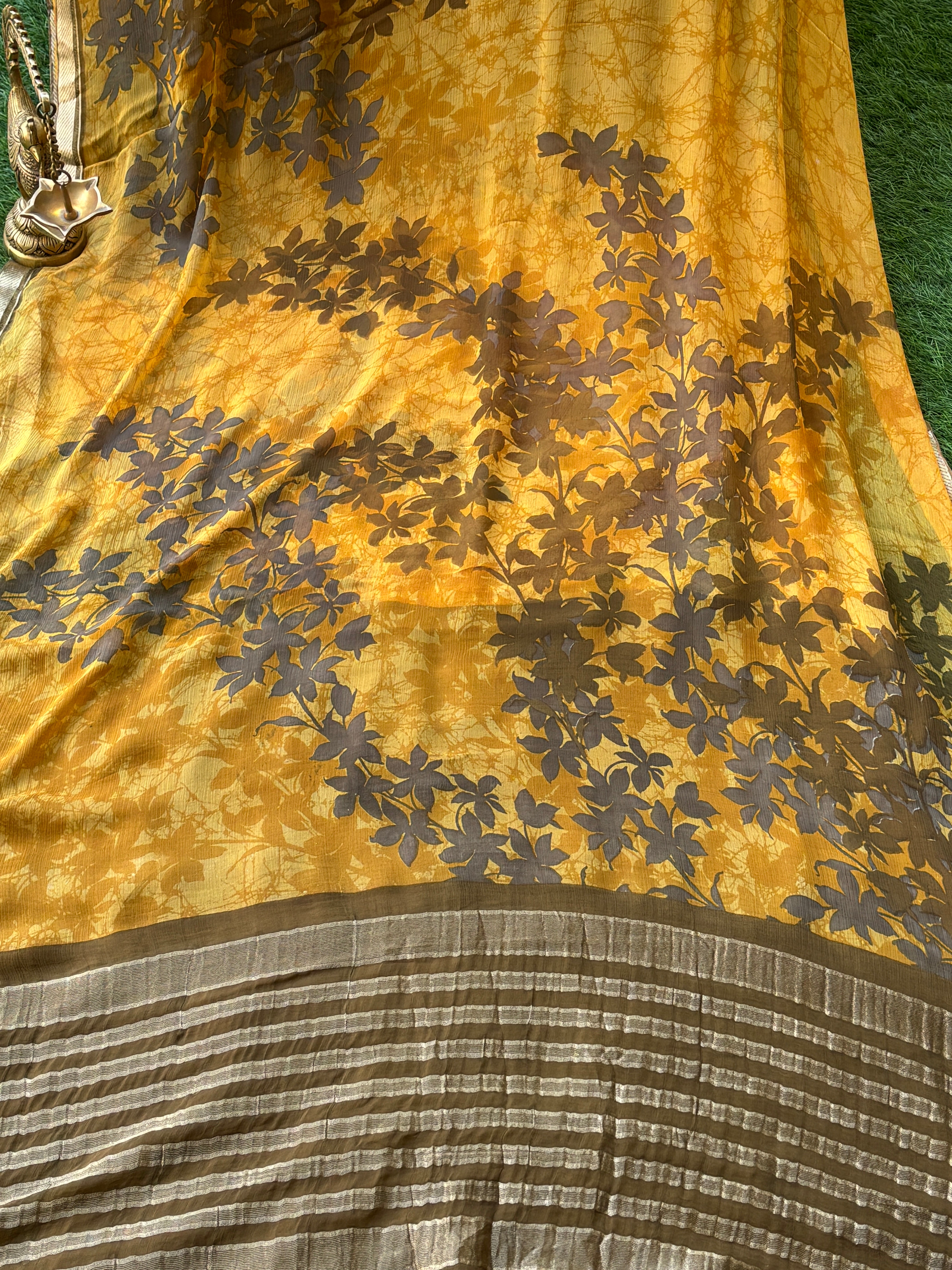 Mango Yellow Pure Georgette Printed Saree with Zari Border