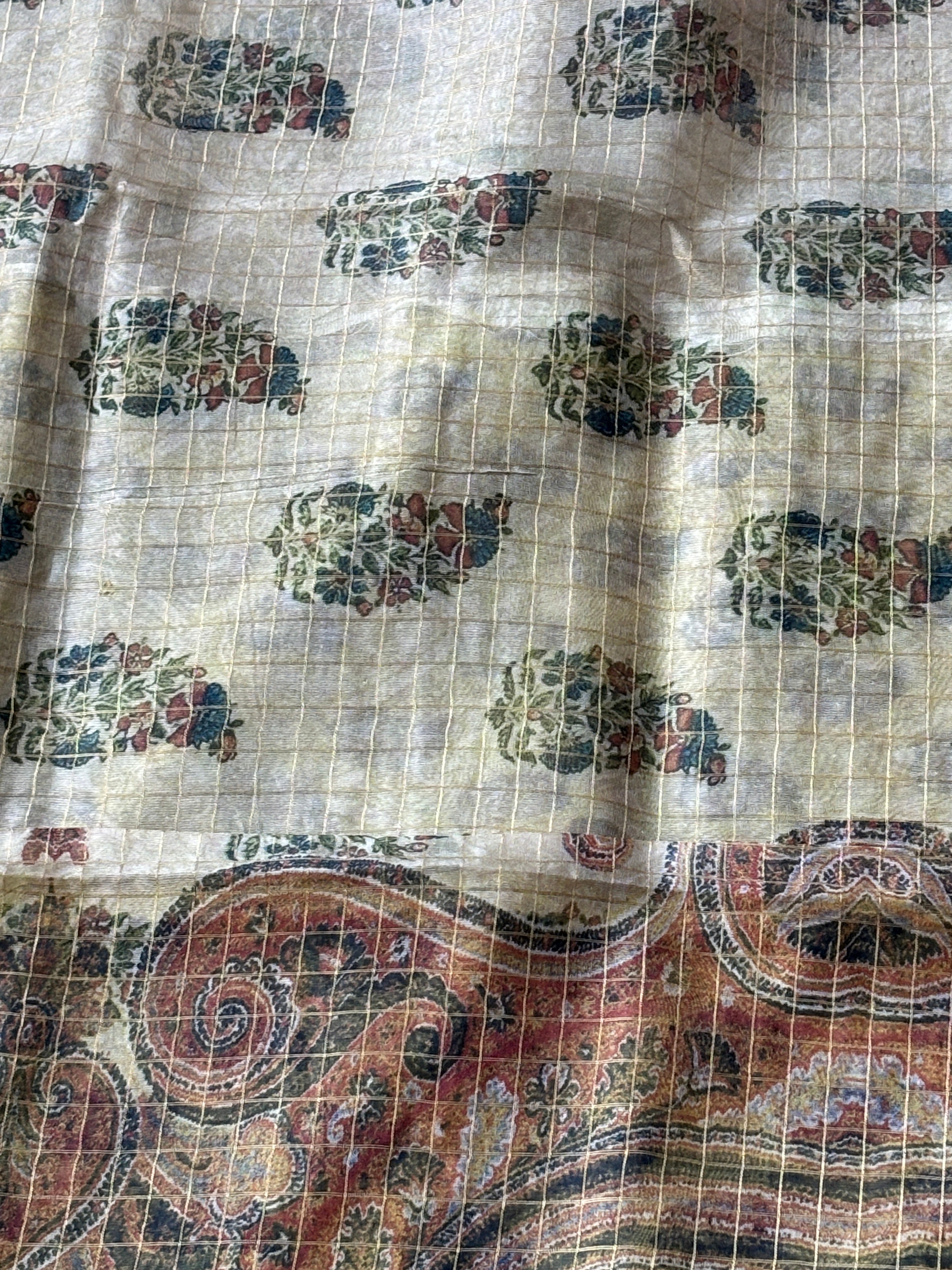 Beige Pure Organza Saree with All-Over Zari Checks