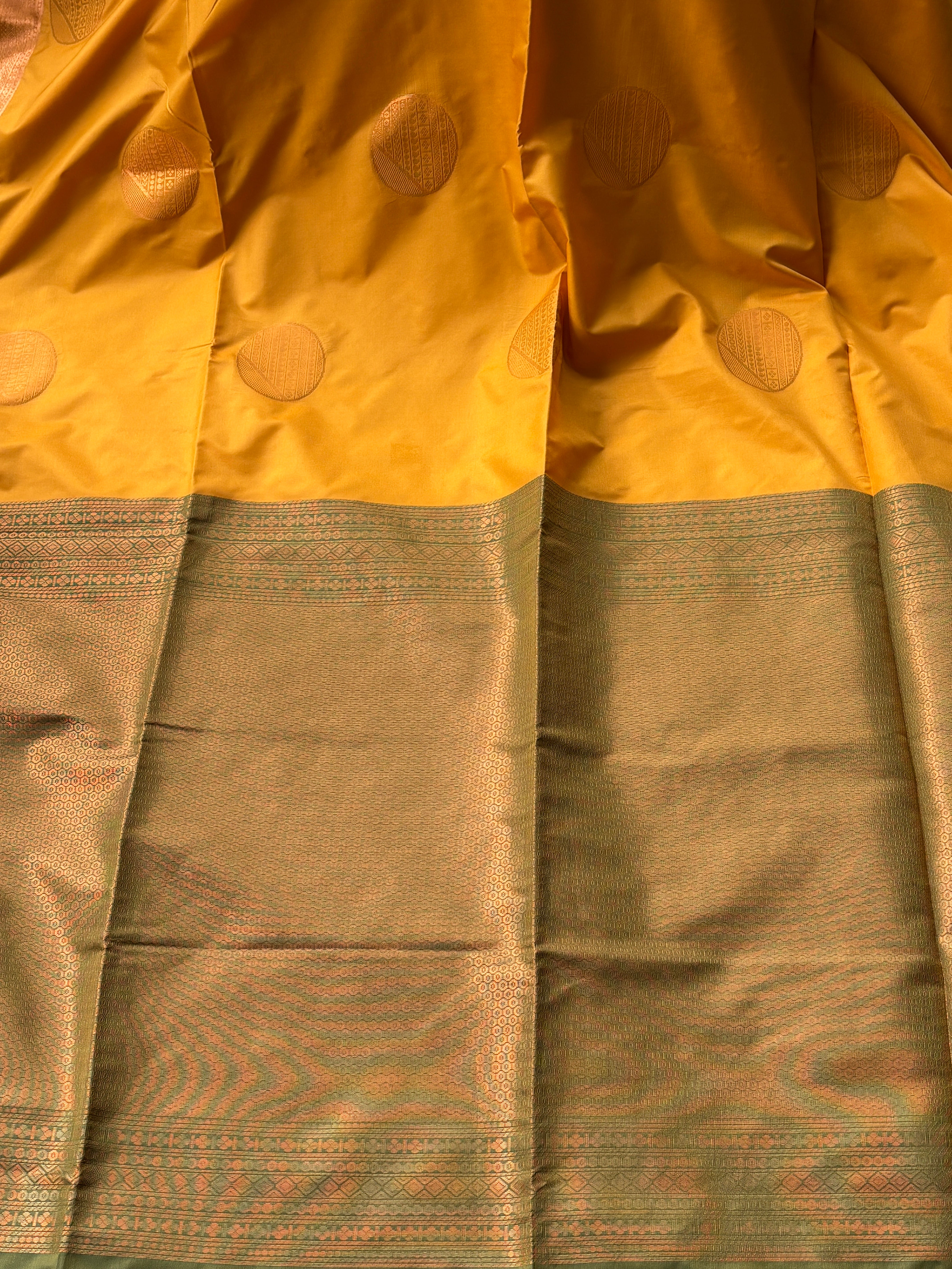 Mango Yellow Art Silk Kanjeevaram Saree with Green Pallu | Chandrika Lifestyles