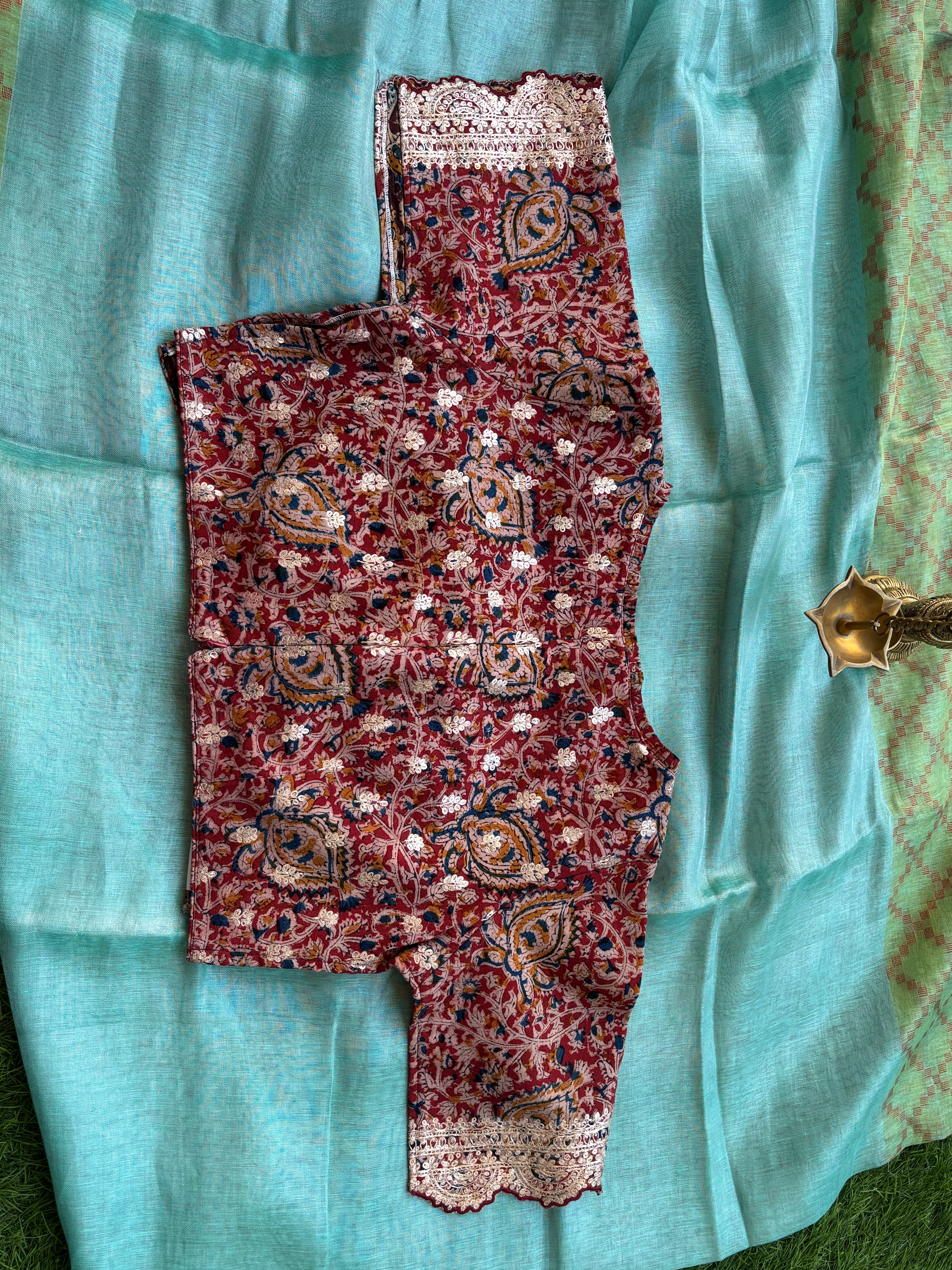 Blue Pure Linen Tissue Saree with Ajrak Pallu & Ready-Made Blouse | Chandrika Lifestyles