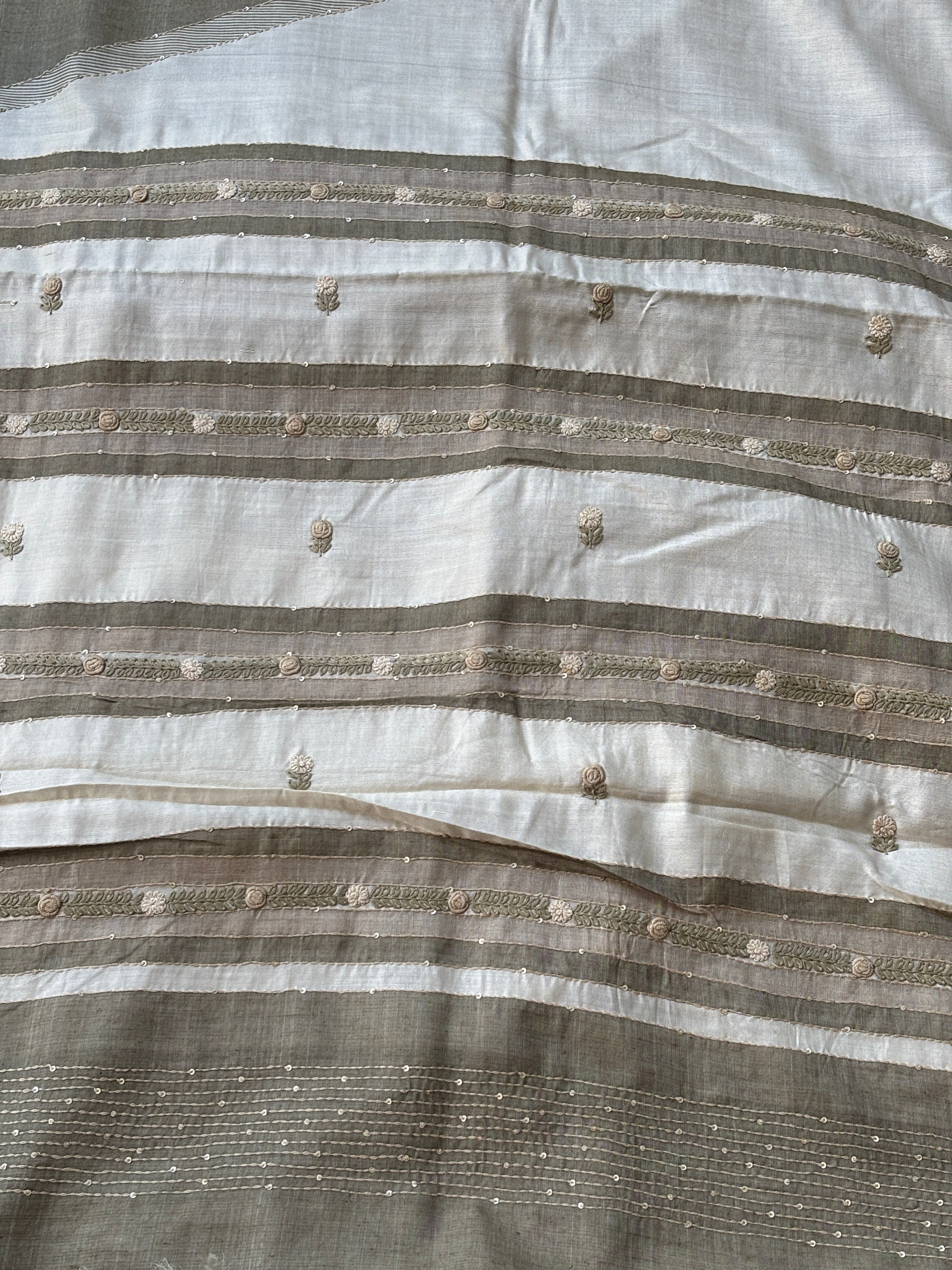 Beige & Brown Pure Tussar Silk Saree with Designer Hand Embroidery (Ghanta Taka) | Chandrika Lifestyles