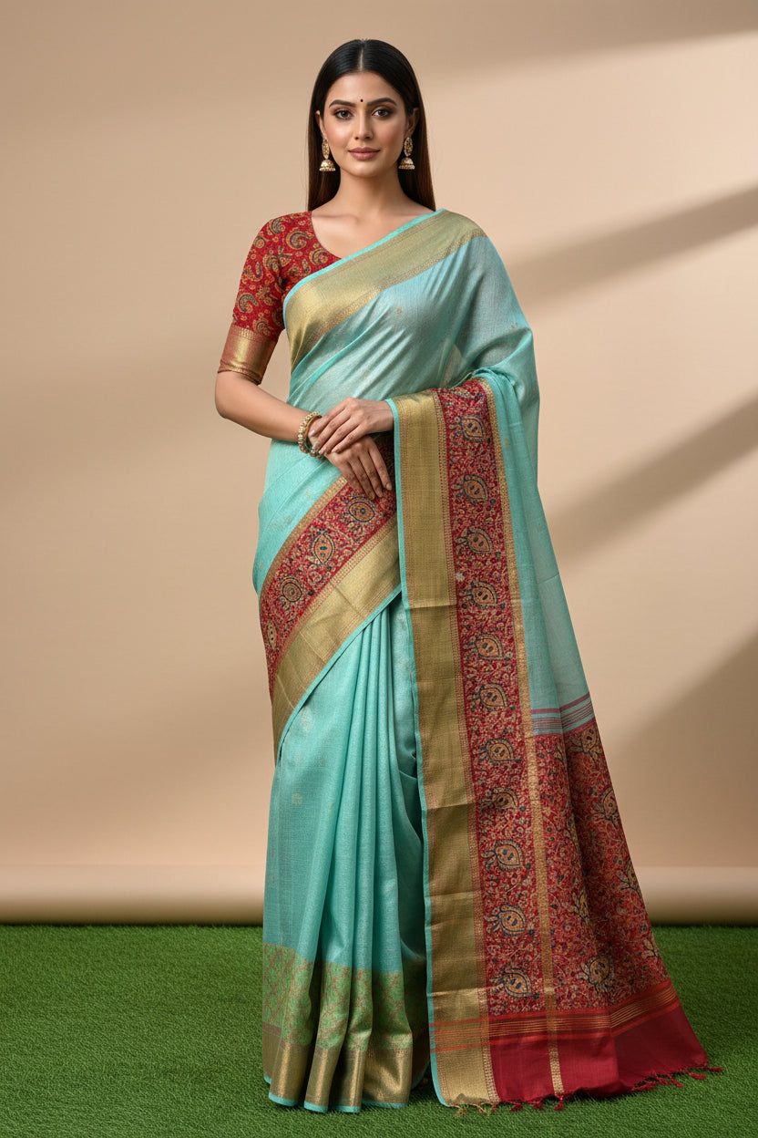 Blue Pure Linen Tissue Saree with Ajrak Pallu & Ready-Made Blouse | Chandrika Lifestyles