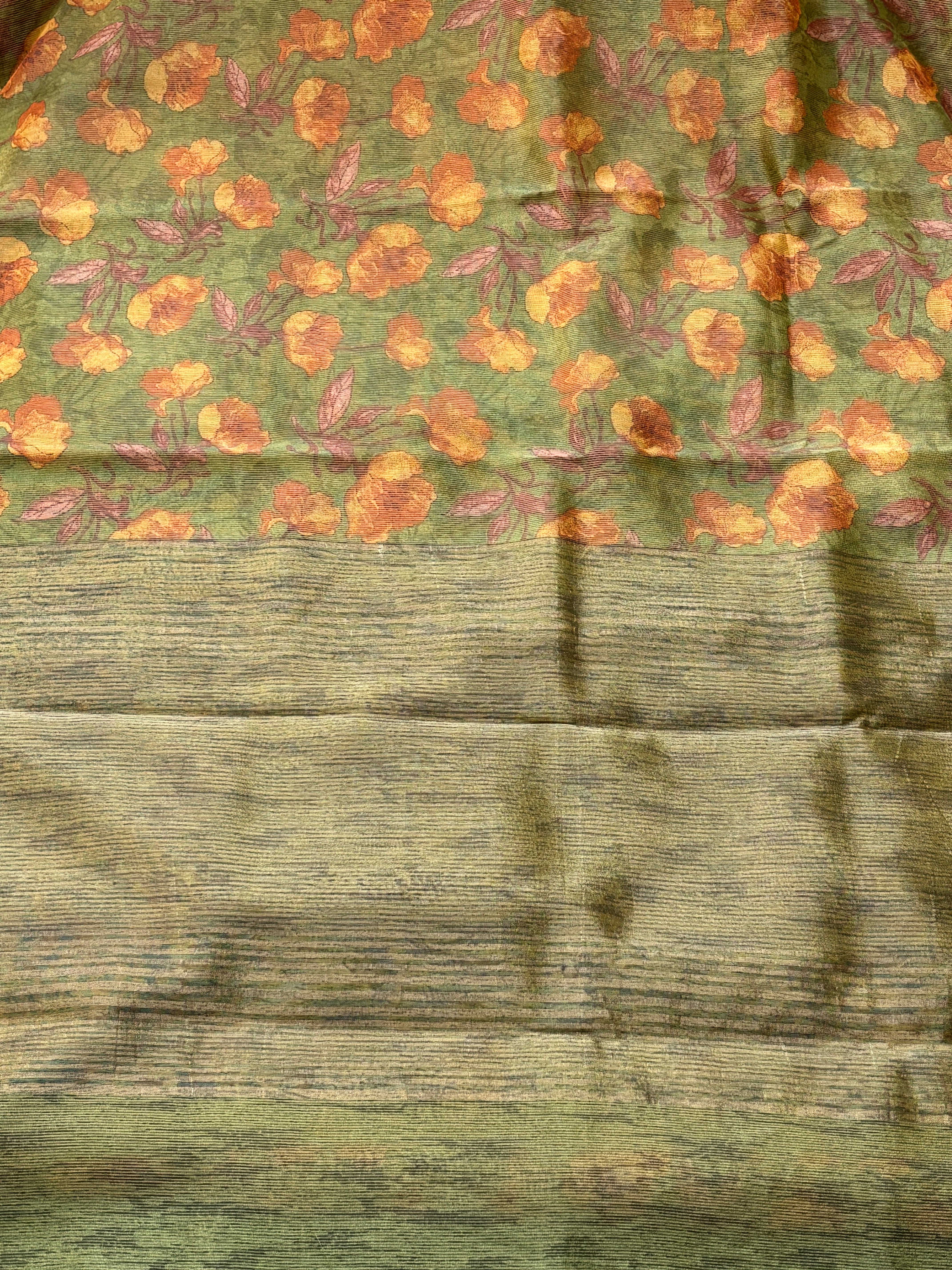 Olive Green Mercerized Cotton Saree with Allover Digital Print | Chandrika Lifestyles