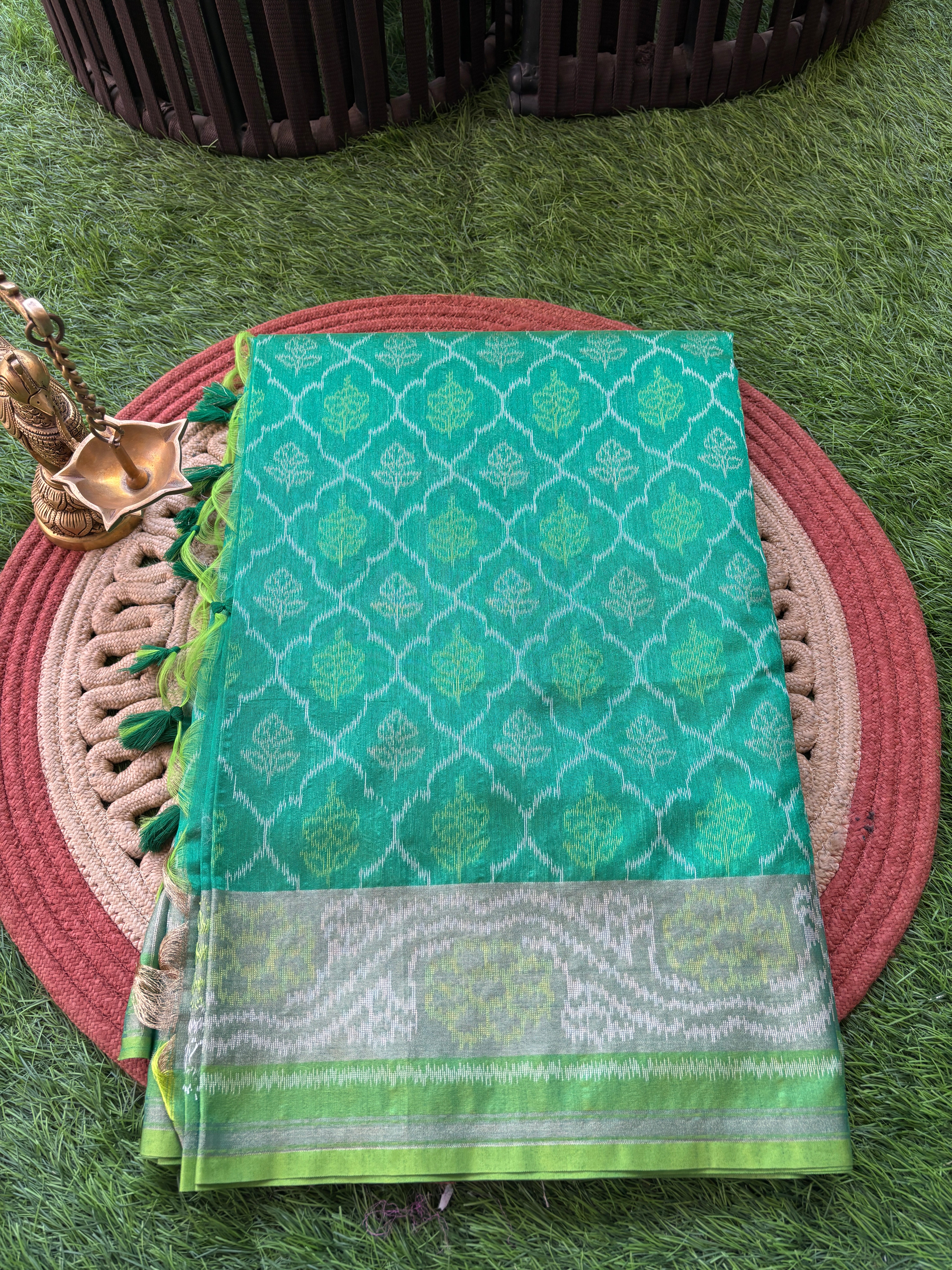 Green Art Tussar Silk Saree with Allover Ikat Print | Chandrika Lifestyles