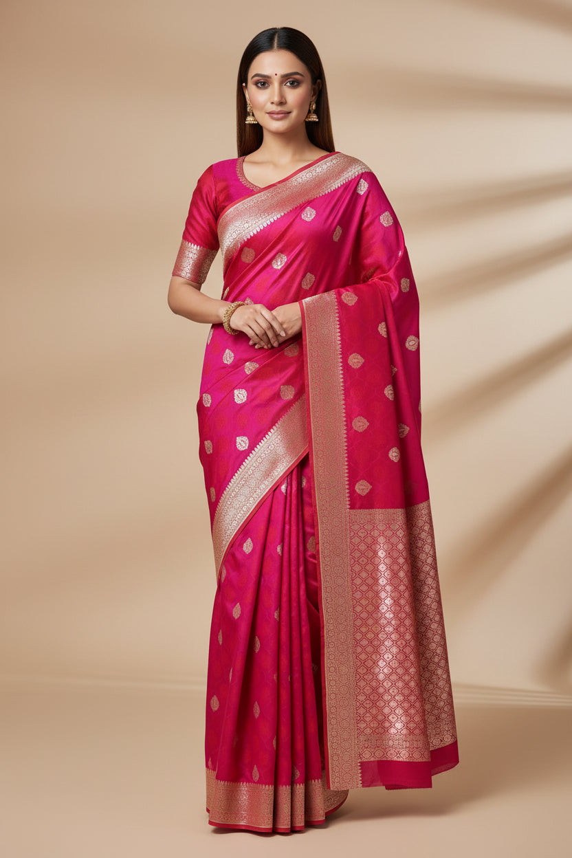 Rani Pink Banarasi Saree with Allover Zari Buttis (Two-Tone) | Chandrika Lifestyles