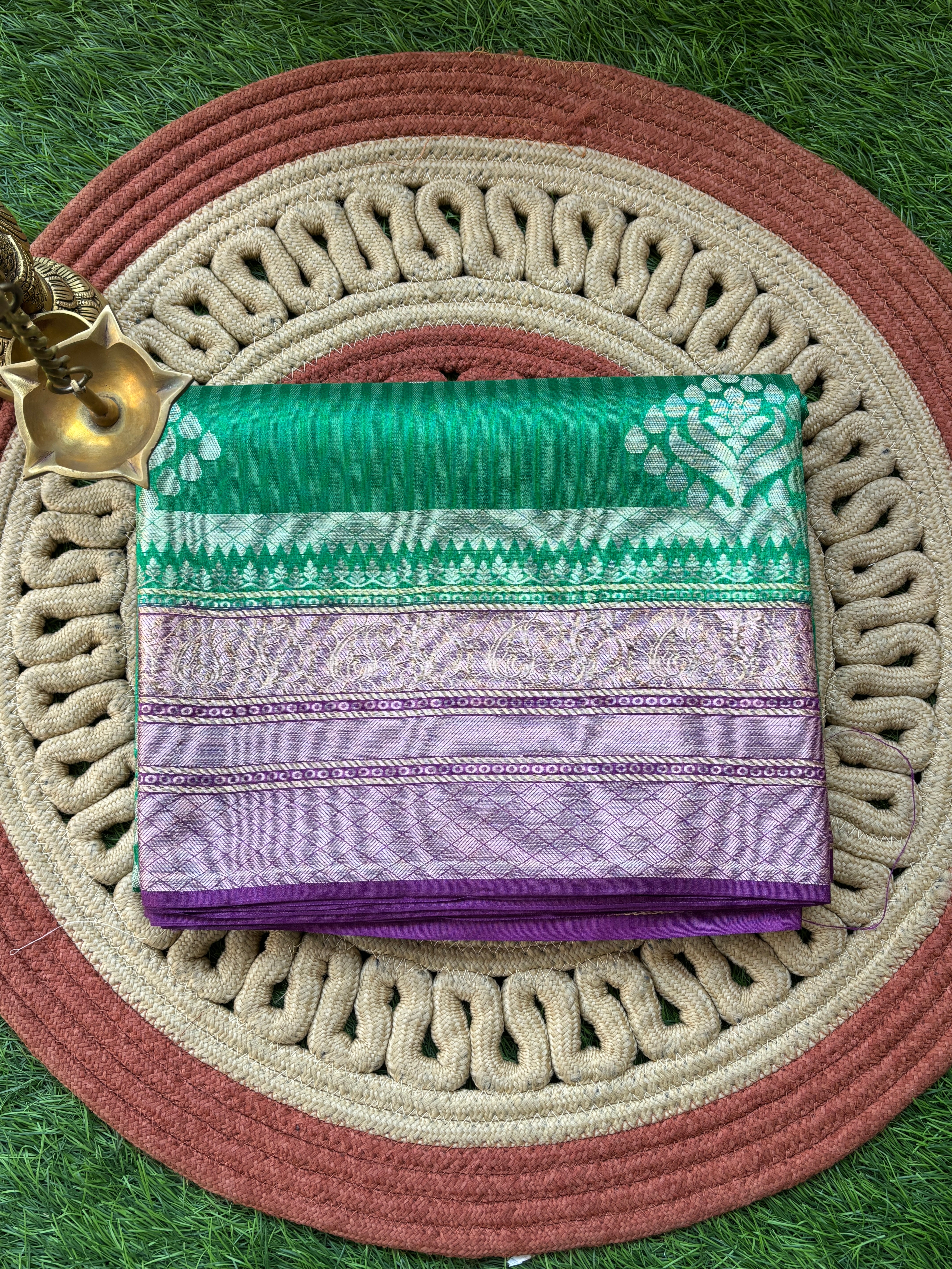 Green Pure Dupion Silk Banarasi Saree with Purple Border | Chandrika Lifestyles