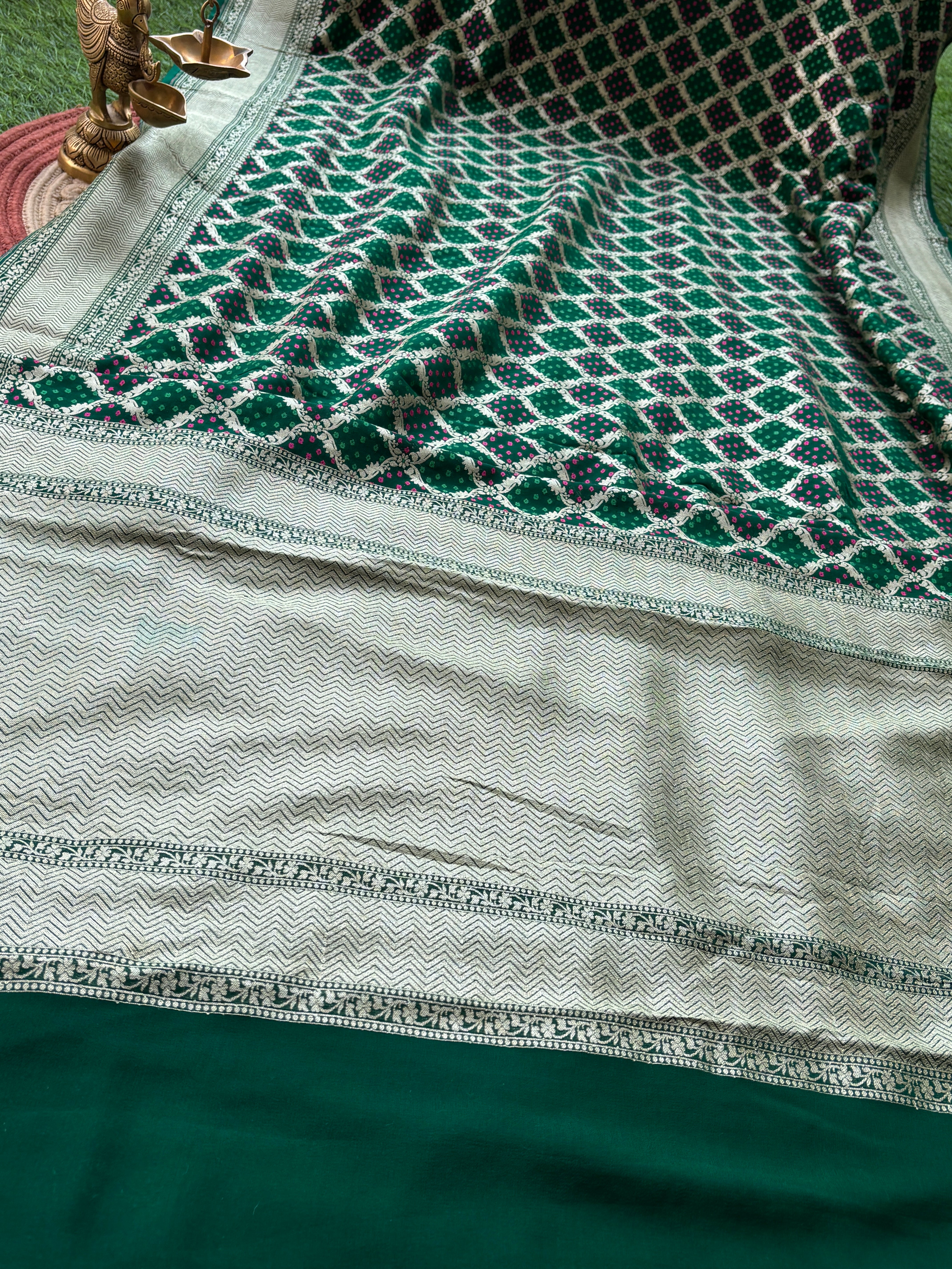 Bottle green pure khaddi georgett Banarasi saree all over jaal | Chandrikalifestyles