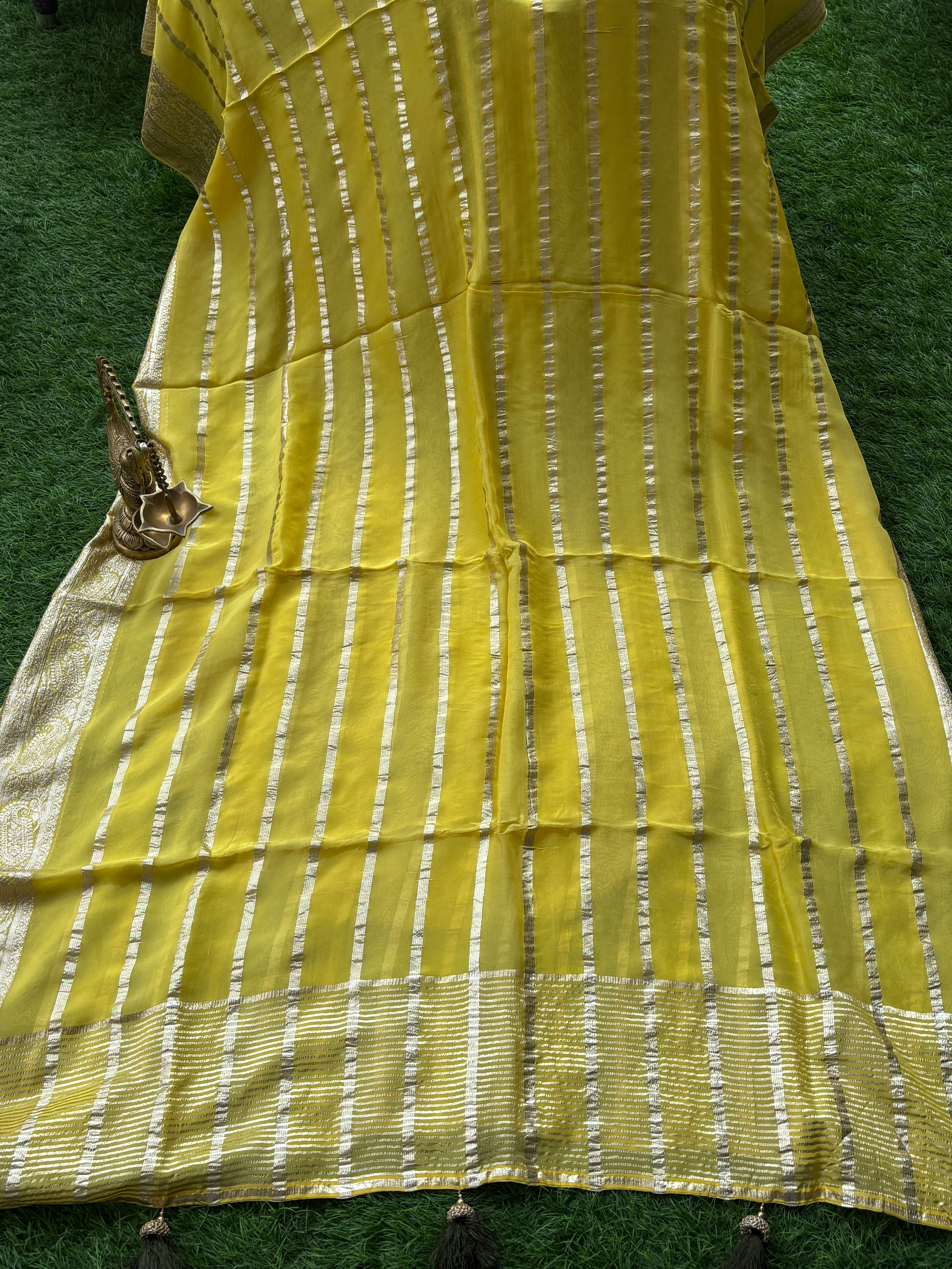 Royal Lemon Yellow Pure Georgette Saree with Silver Stripes & Heavy work Mehendi Designer Blouse