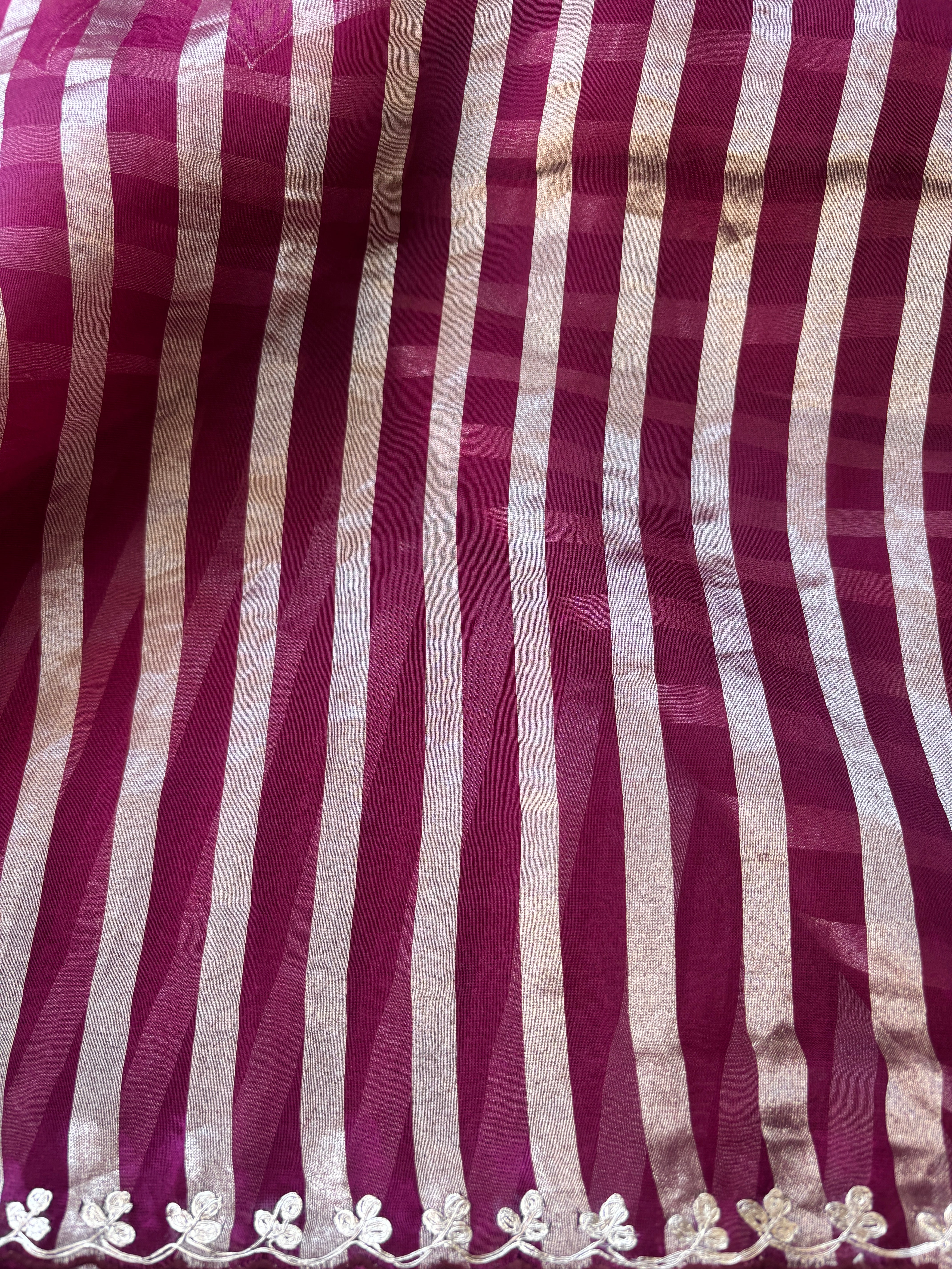 Rani Pink Kora Organza Tissue Silk Saree with Silver Zari Stripes & Embroidered Buttas