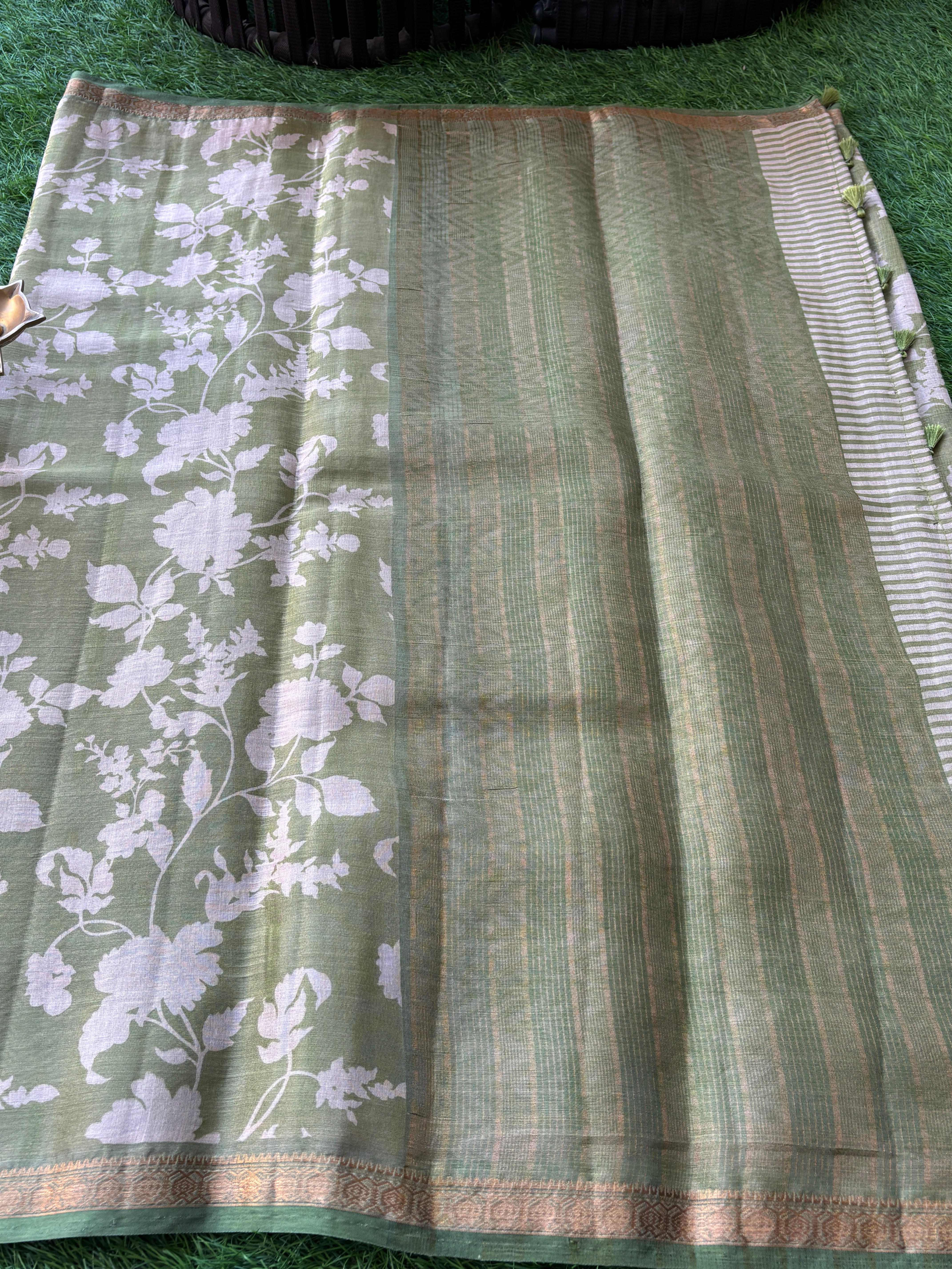 Olive Green Art Silk Saree with Allover Digital Print | Chandrika Lifestyles