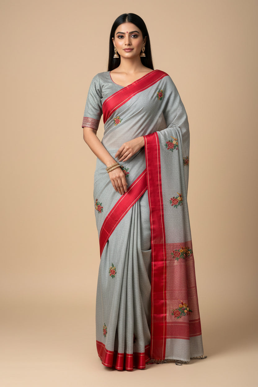 White Pure Cotton Saree with Black Checks & Hand Floral Embroidery with Red Border | Chandrika Lifestyles