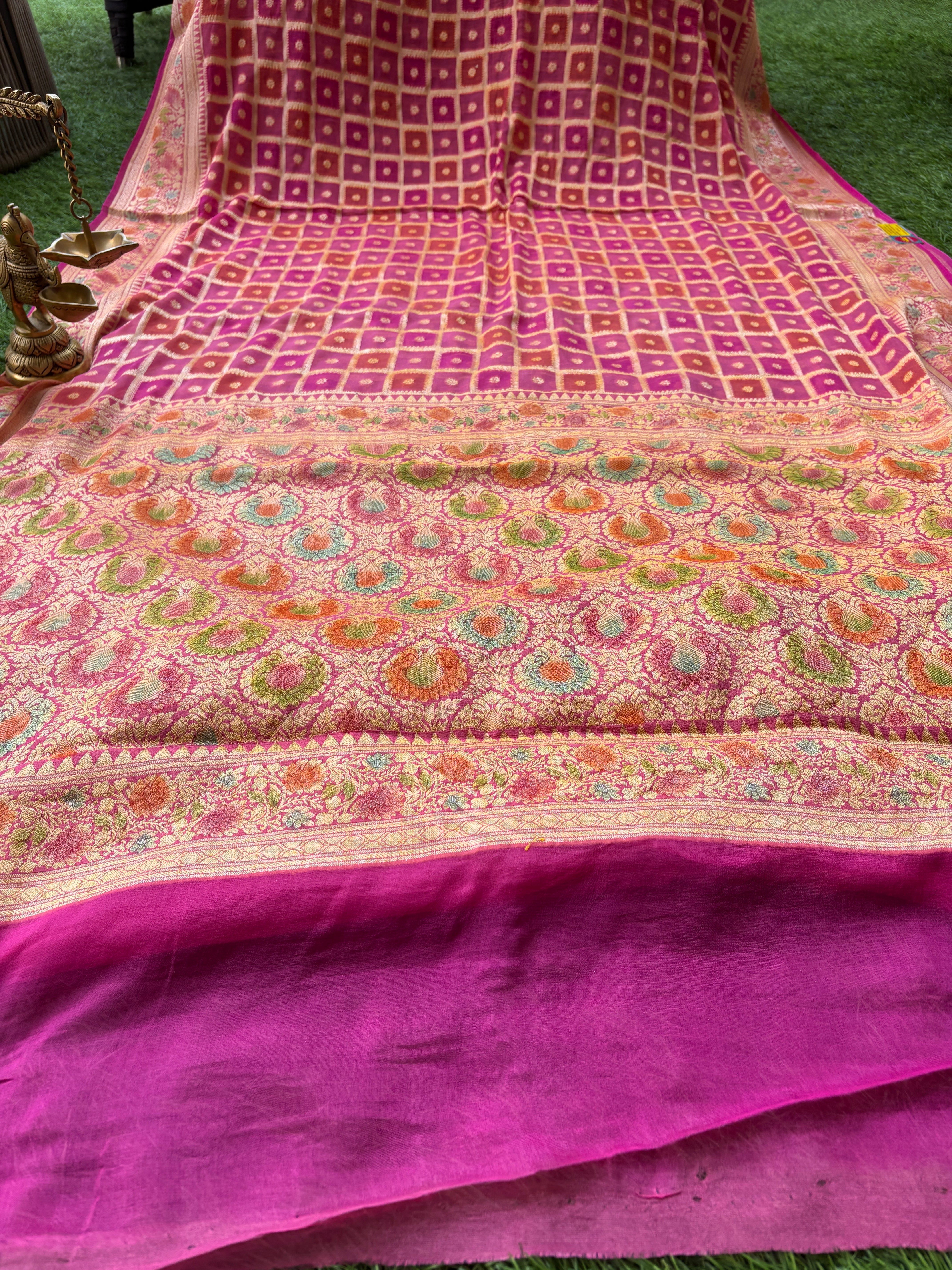 Pink Khaddi Georgette Banarasi Saree with Allover Gharchola Design | Chandrika Lifestyles