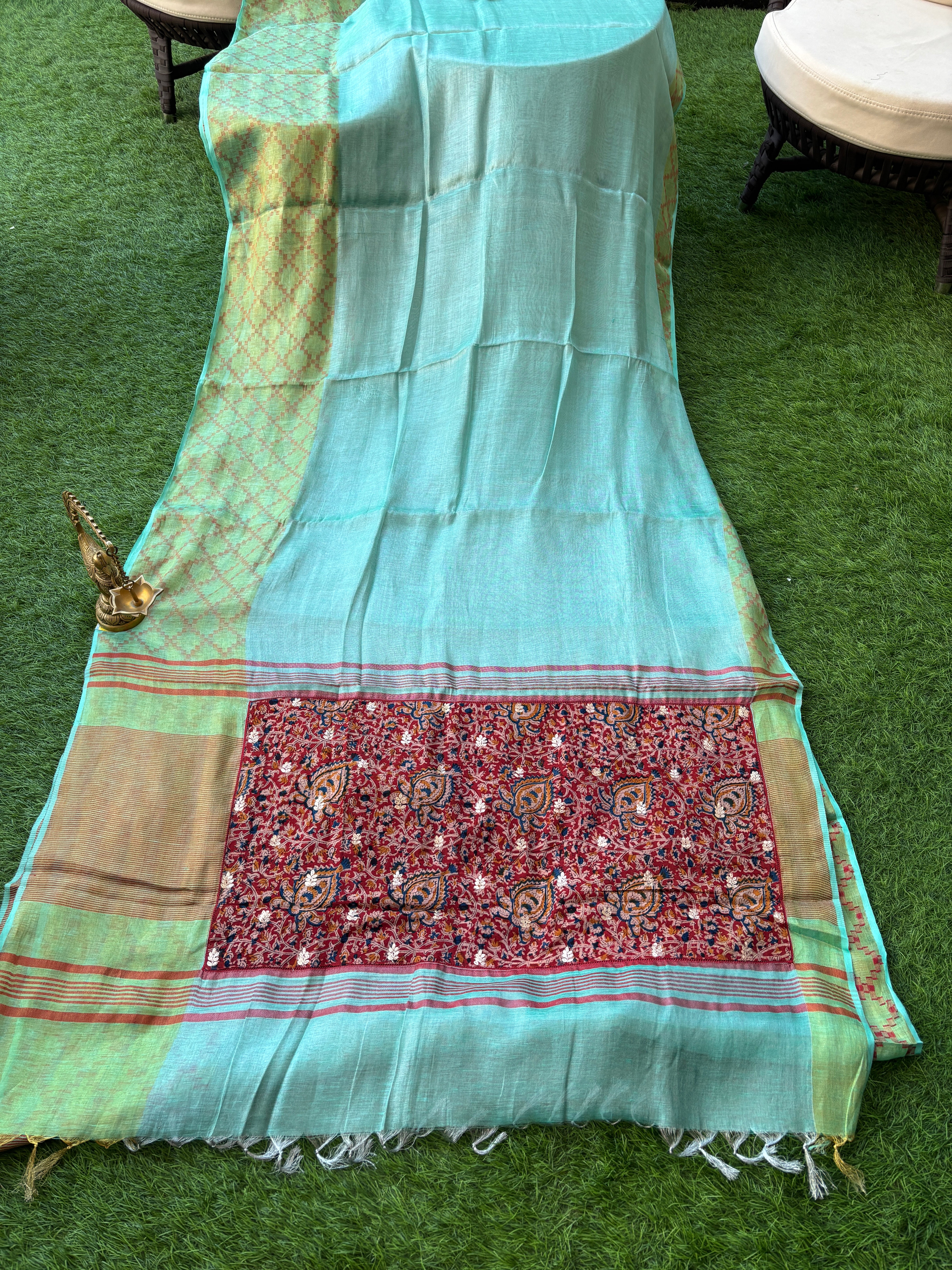 Blue Pure Linen Tissue Saree with Ajrak Pallu & Ready-Made Blouse | Chandrika Lifestyles